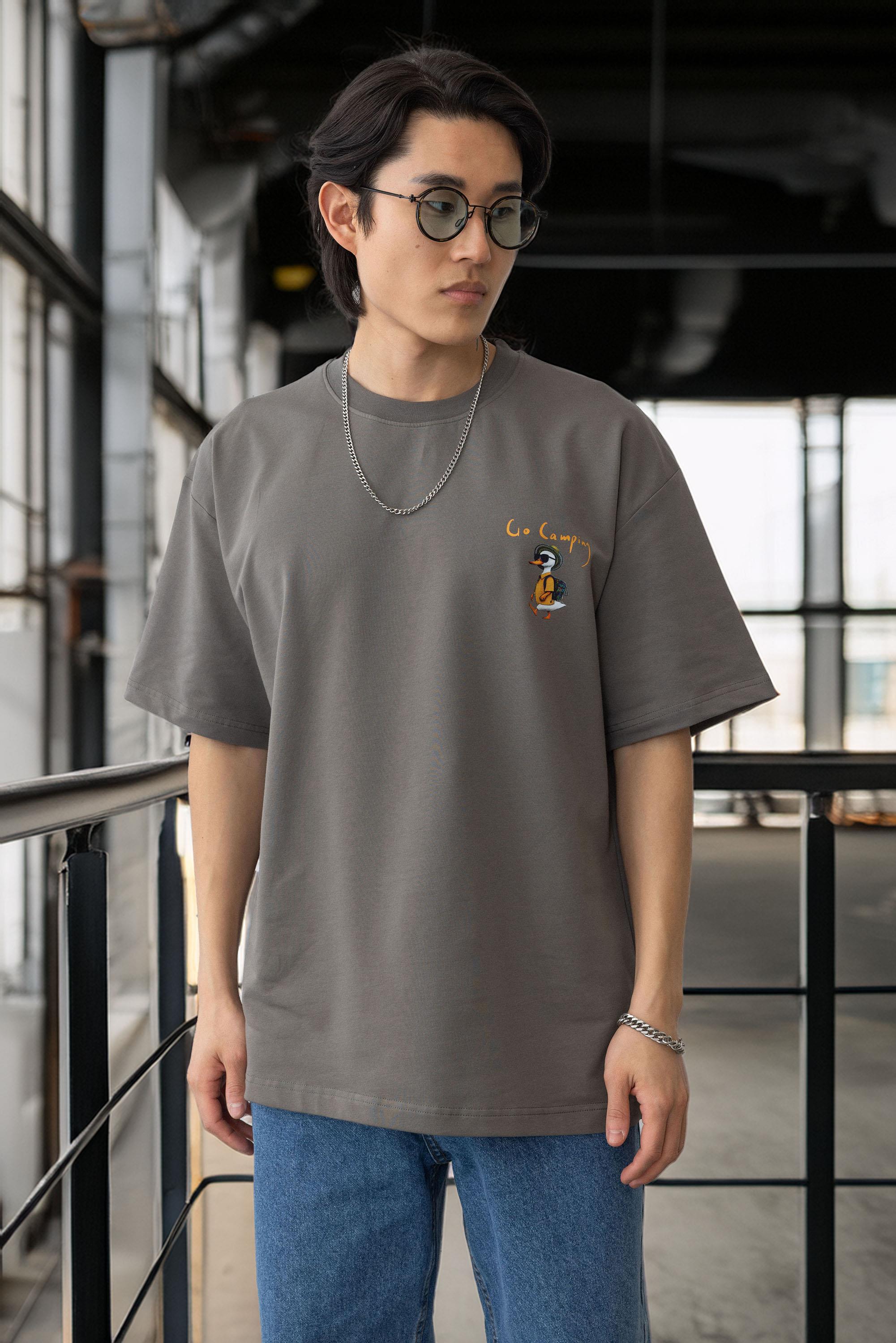 Cep Baskılı İki İplik Kumaş Pamuklu Oversize Erkek T-Shirt - Kapari