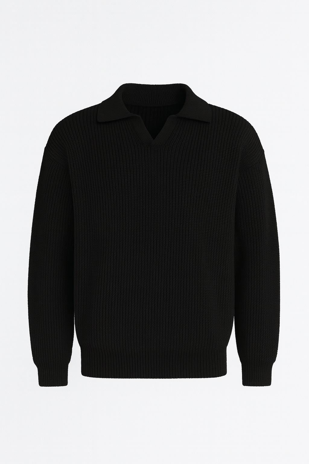 Joris Oversize Gömlek Polo Yaka Selanik Örgülü Erkek Triko Kazak - Siyah