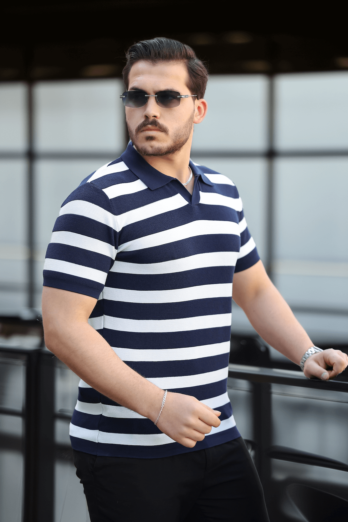 Premium Yan Çizgili Viskon Polo Yaka Triko Erkek T-Shirt - Lacivert · 5
