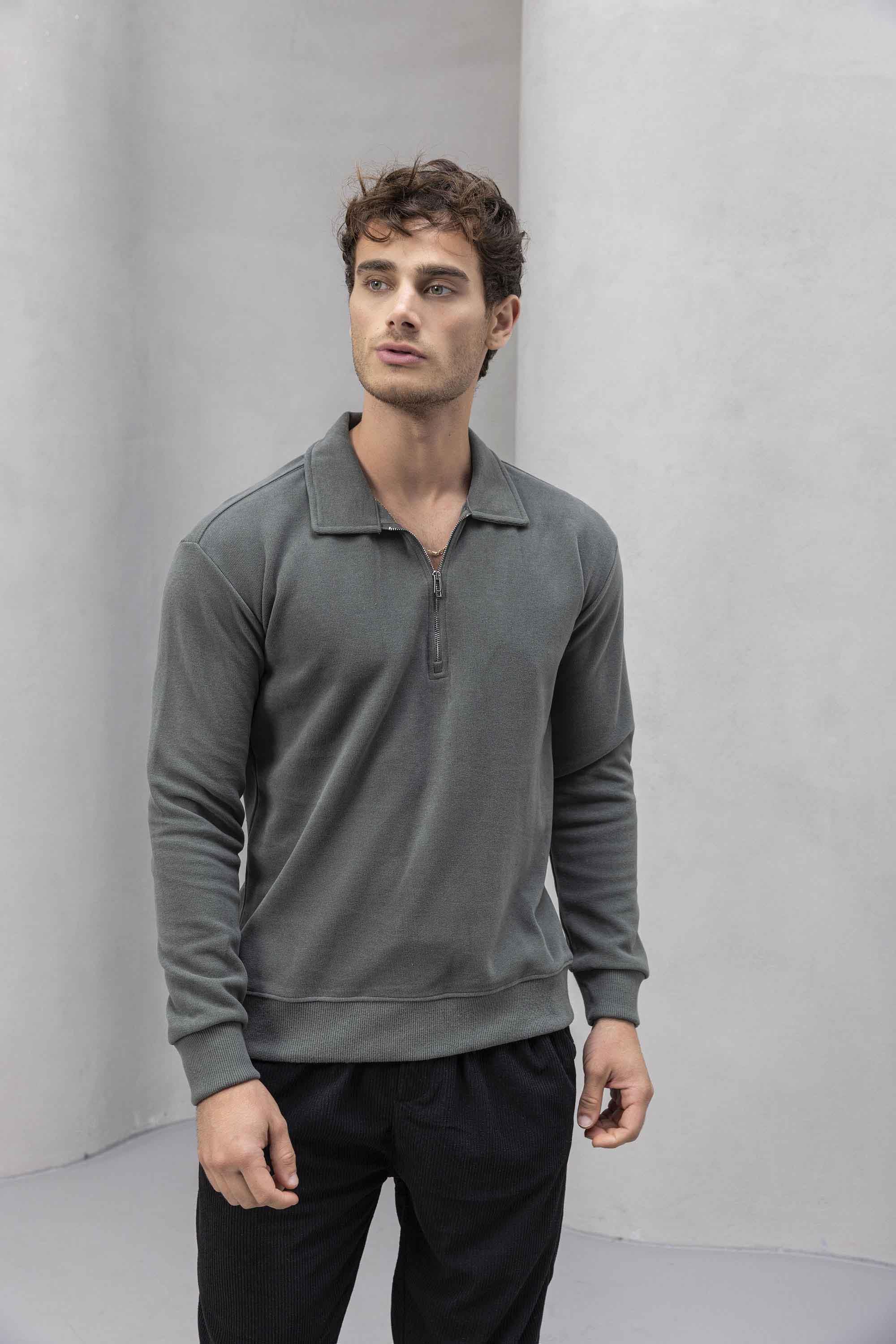 Eric Relax Fit Yarım Fermuarlı Polo Yaka Selanik Kumaş Erkek Sweatshirt - Avcı Yeşili · 7