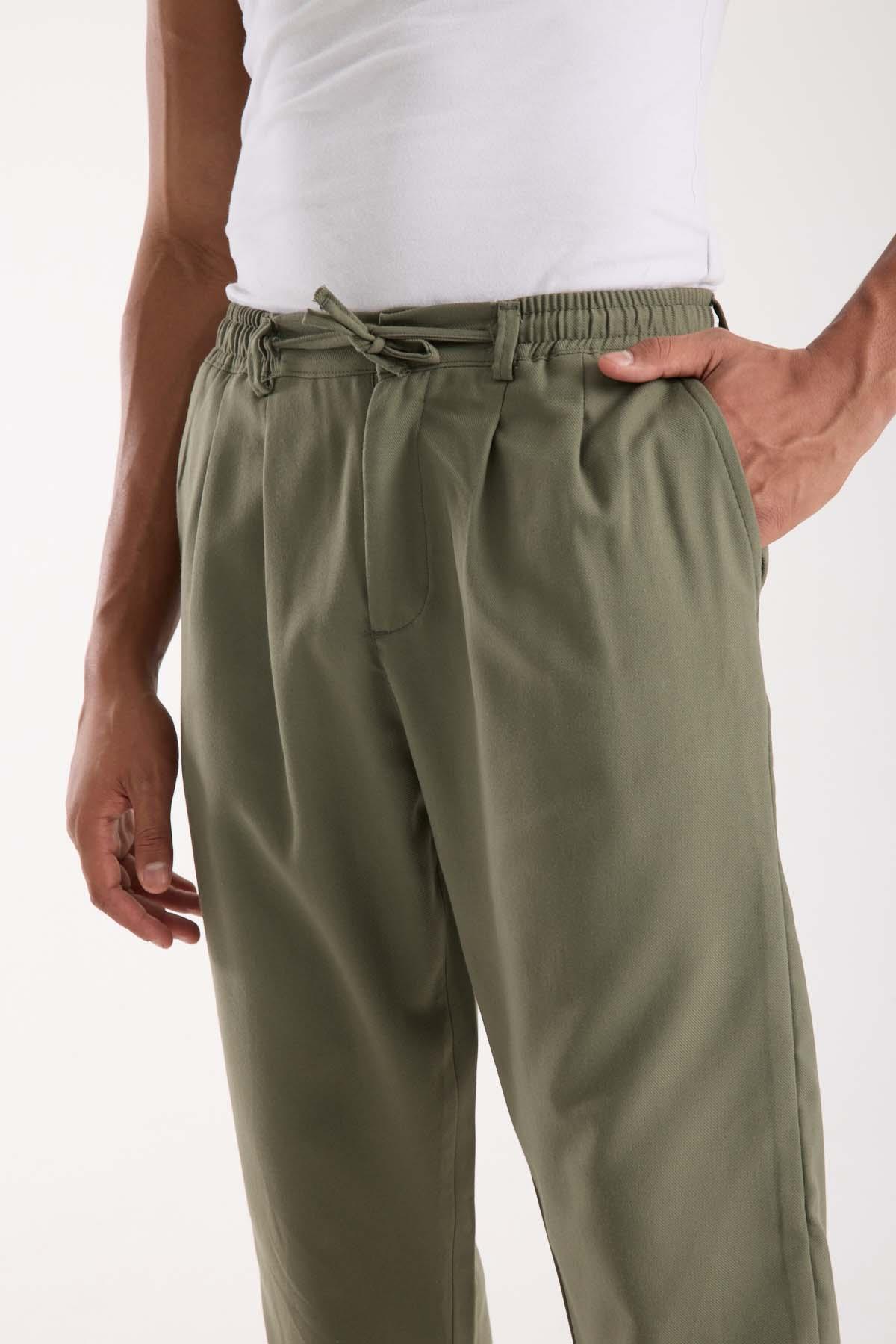 Bezayağı Kumaş Relax Fit Duble Paça Jogger Pantolon - Avcı Yeşili · 2