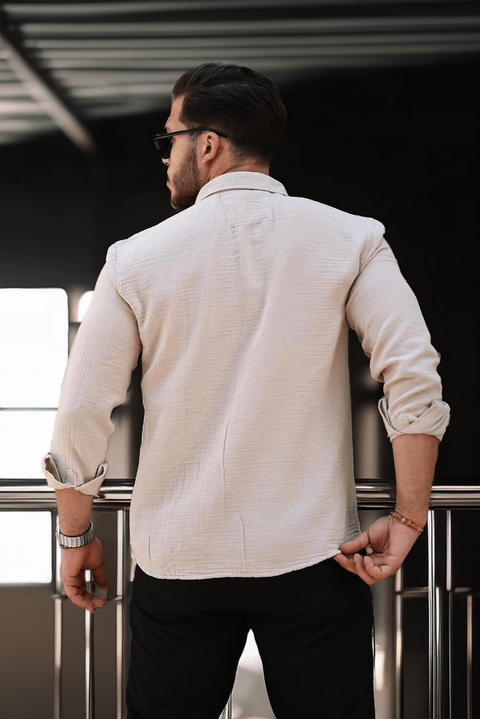 Nefes Alabilir Yarım Oversize Müslin Kumaş Uzun Kol Yakalı Erkek Gömlek - Bej · 4