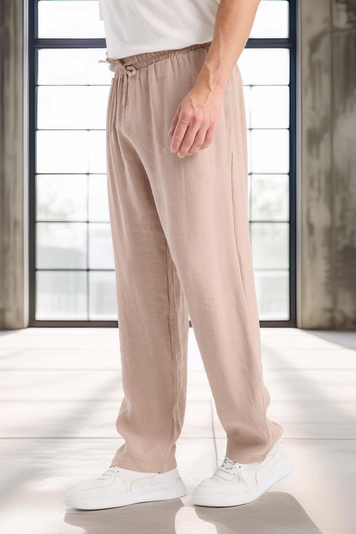 Modal Kumaş Rahat Kalıp Düz Paça Jogger Erkek Pantolon - Bej · 5