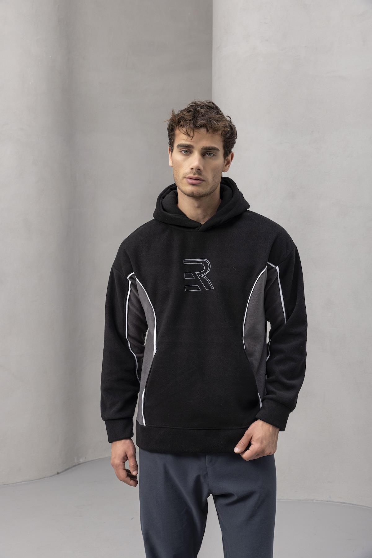 Frank Parçalı Kontrast Desenli Kapüşonlu Oversize Cepli Polar Erkek Sweatshirt - Siyah · 2