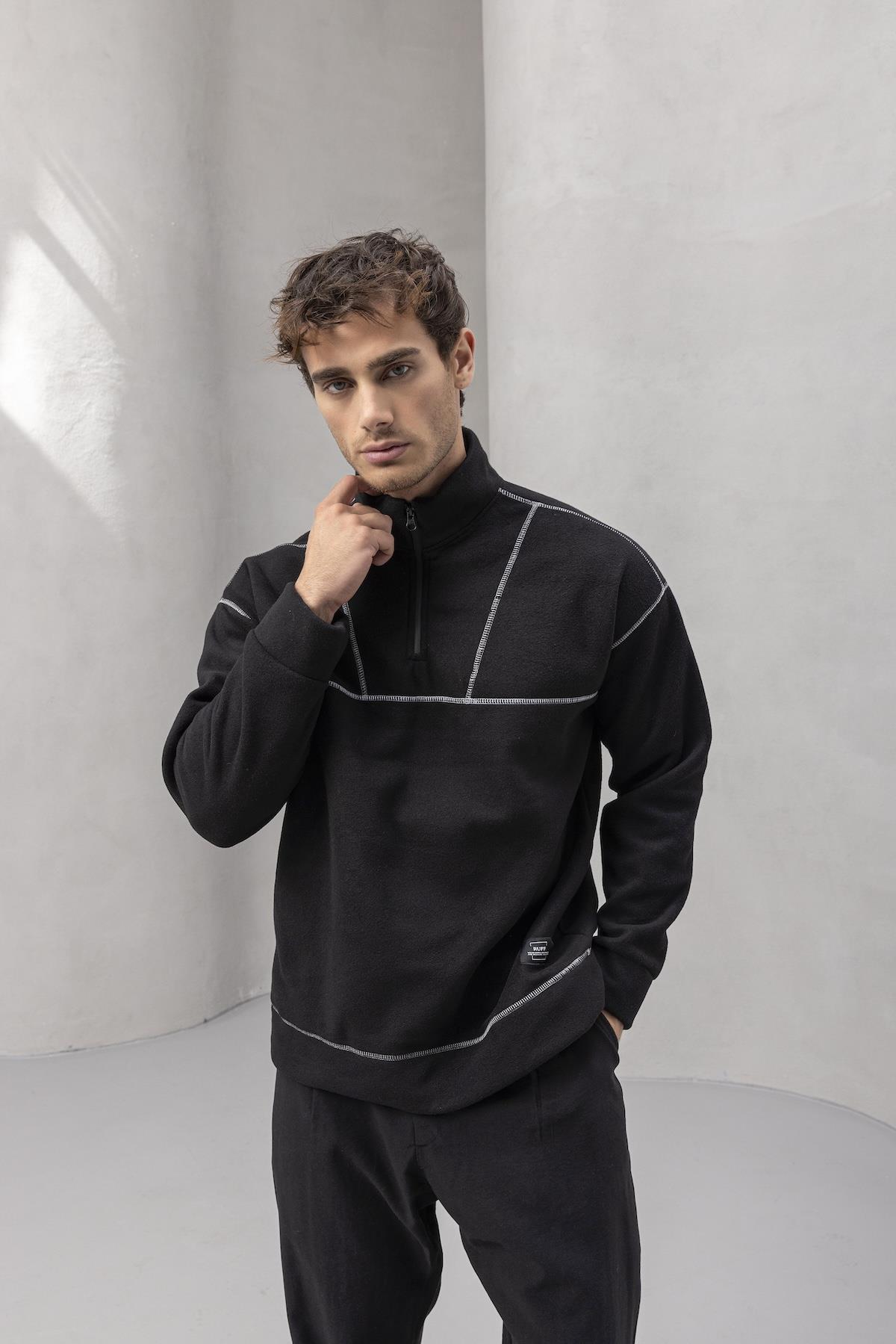 Crowe Çizgi Şeritli Oversize Yarım Fermuar Polar Erkek Sweatshirt - Siyah · 2