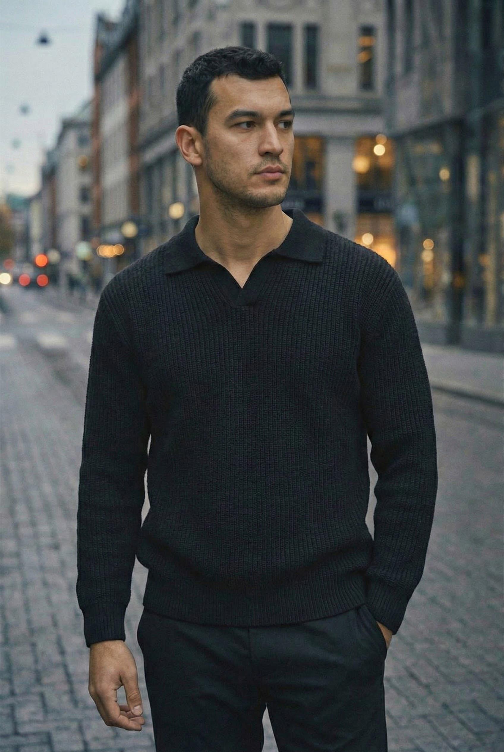 Joris Oversize Gömlek Polo Yaka Selanik Örgülü Erkek Triko Kazak - Siyah · 2