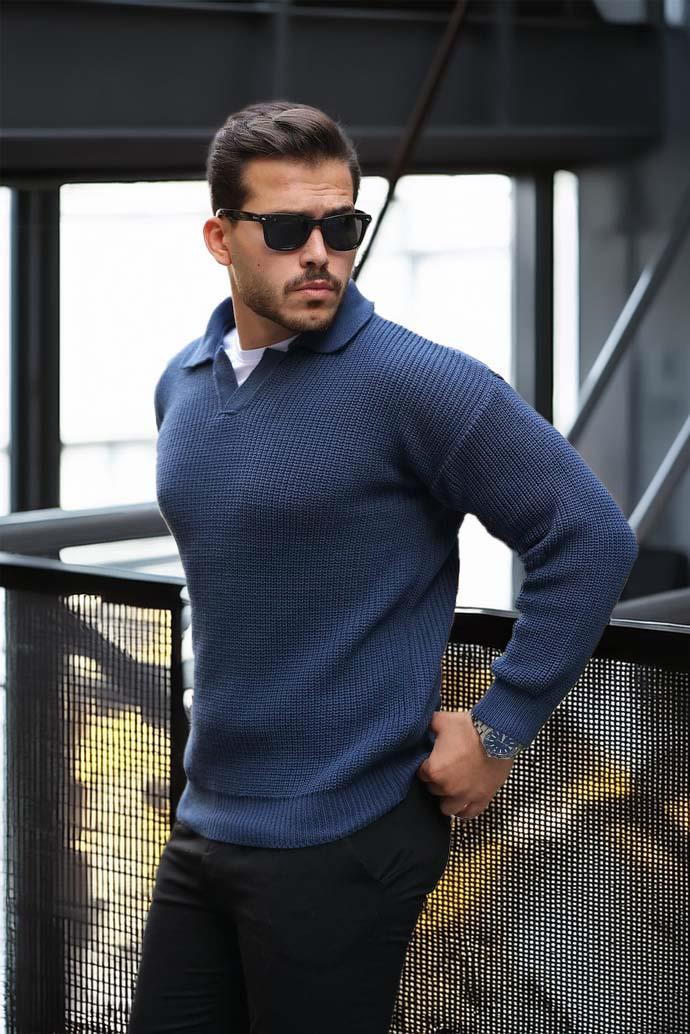 Joris Oversize Gömlek Polo Yaka Selanik Örgülü Erkek Triko Kazak - İndigo · 5