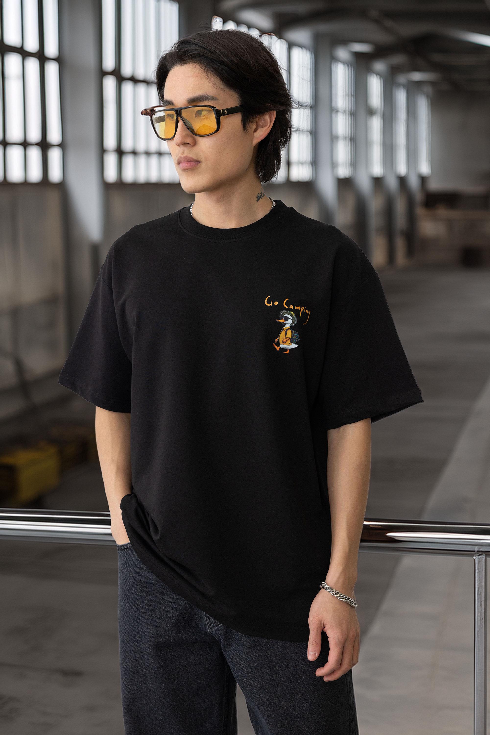 Cep Baskılı İki İplik Kumaş Pamuklu Oversize Erkek T-Shirt - Siyah