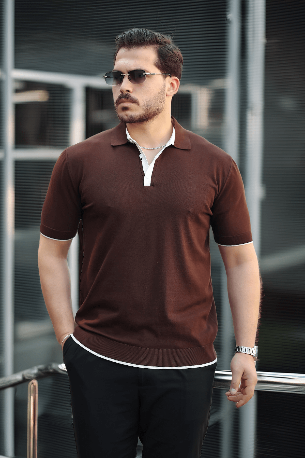 Premium Şerit Detaylı Viskon Polo Yaka Triko Erkek T-Shirt - Kahve · 5
