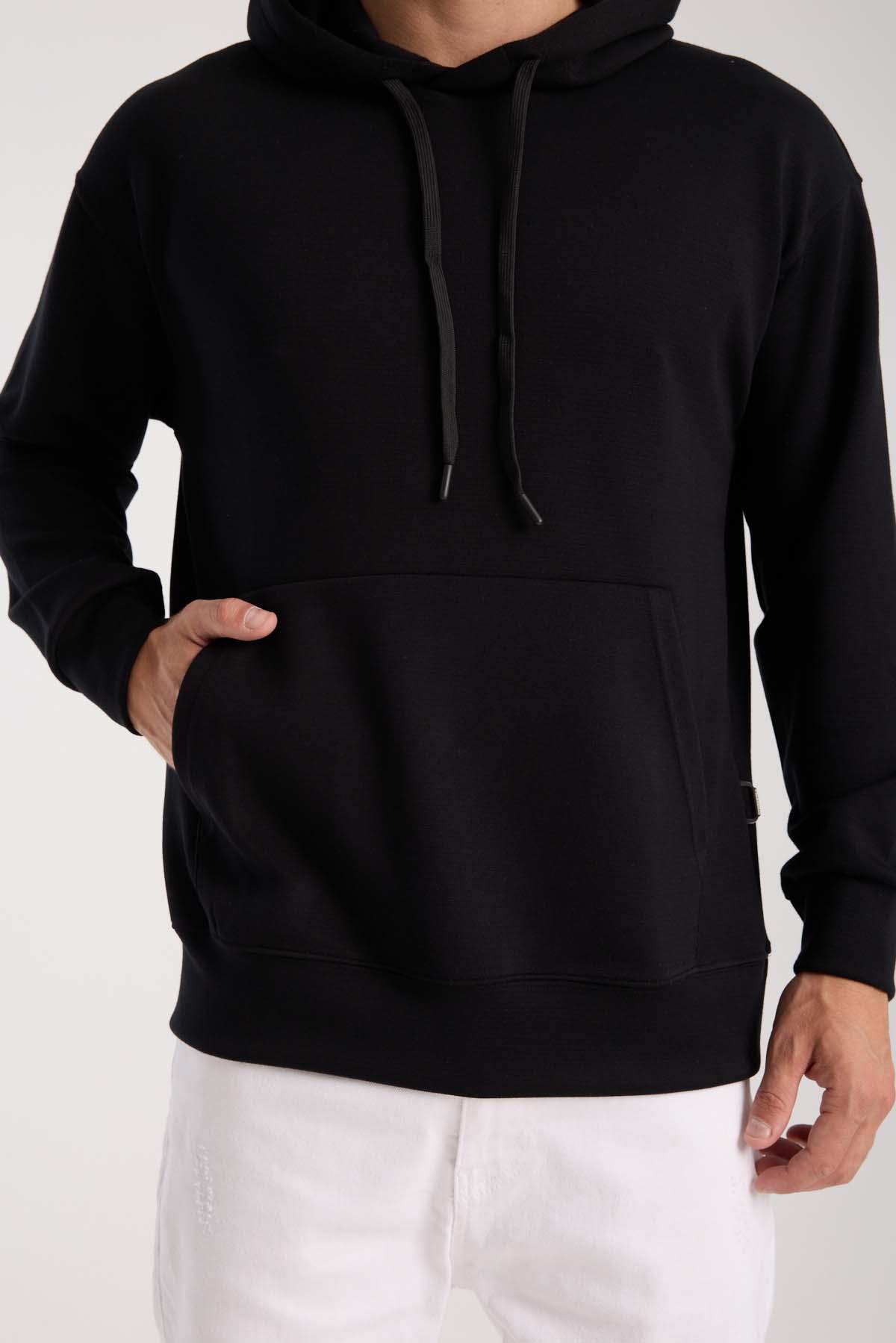 Luc Oversize Basic Dalgıç Kumaş Viskon Kapüşonlu Cepli Sweatshirt Hoodie - Siyah · 3