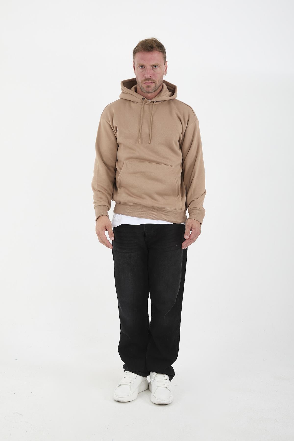 Bej Erkek Oversize Kapüşonlu Kanguru Cepli Sweatshirt - Hoodie · 2