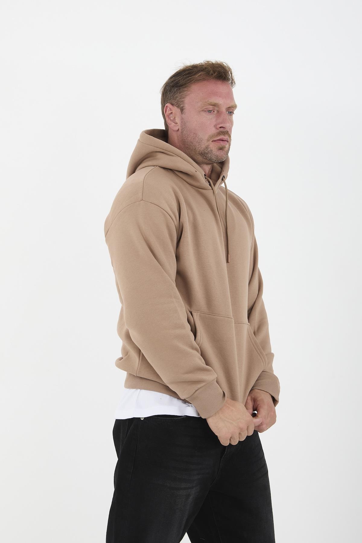 Bej Erkek Oversize Kapüşonlu Kanguru Cepli Sweatshirt - Hoodie · 3
