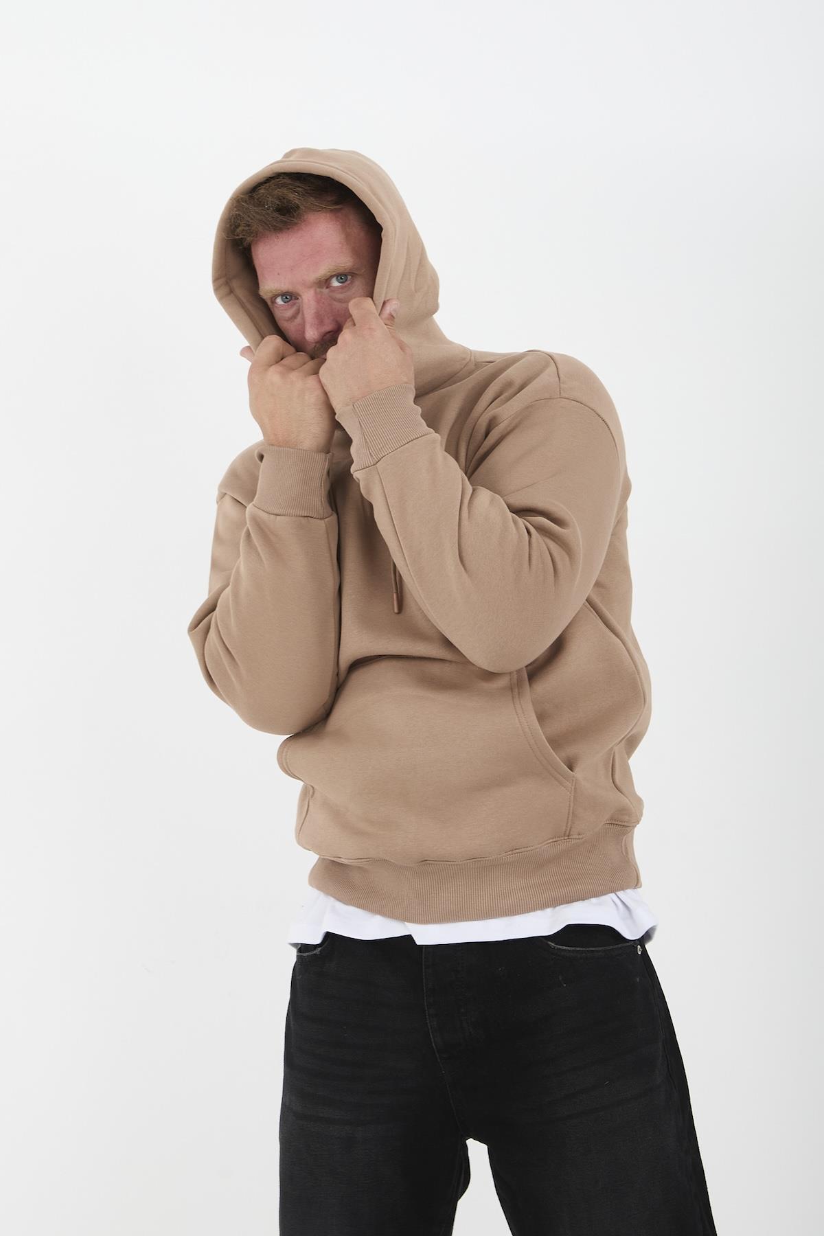 Bej Erkek Oversize Kapüşonlu Kanguru Cepli Sweatshirt - Hoodie · 4