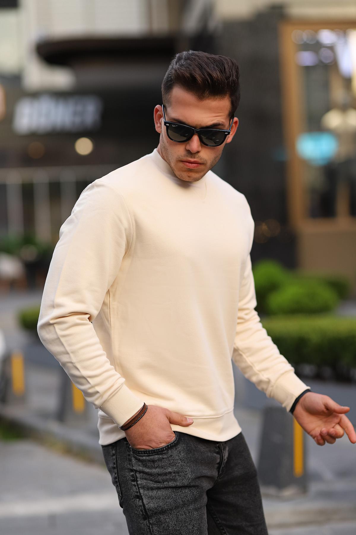 Bisiklet Yaka Basic Sweatshirt - Bej