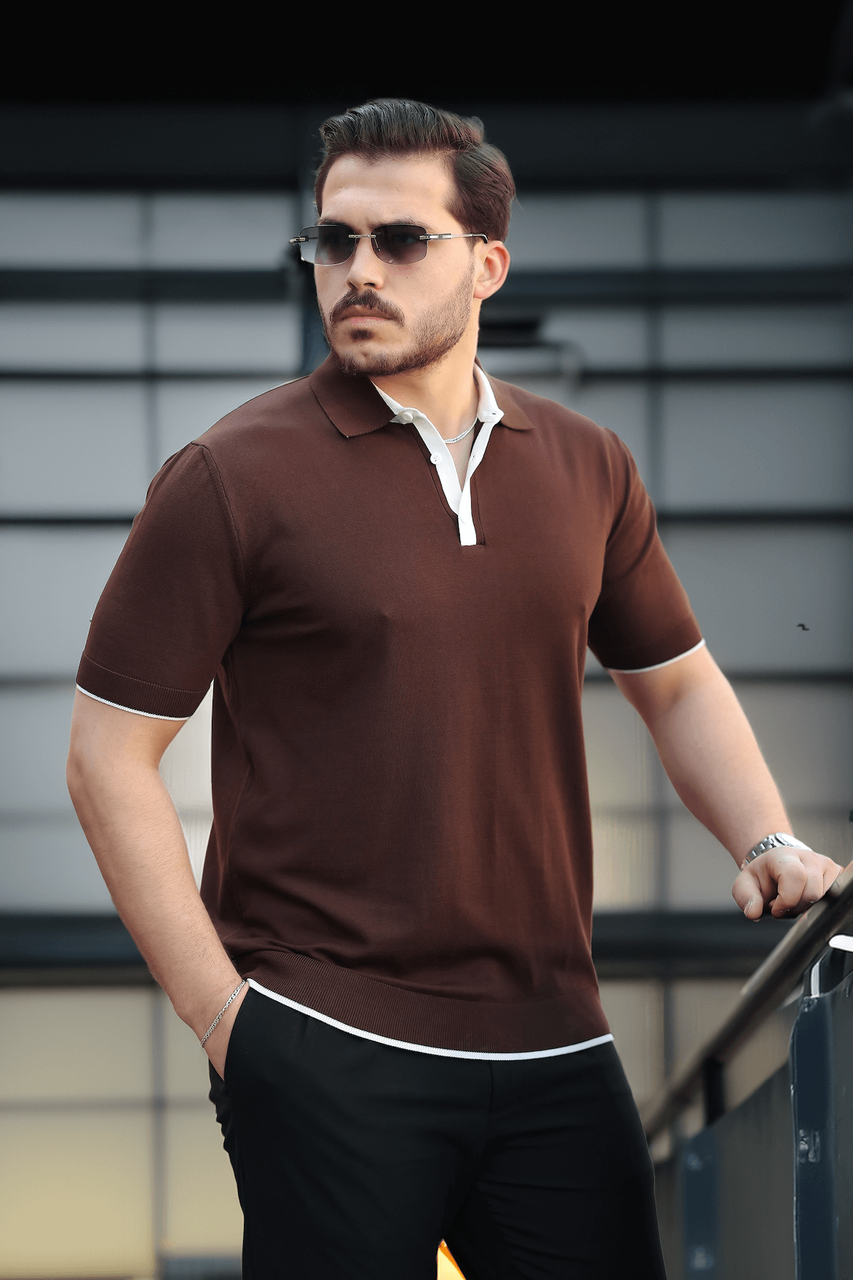 Premium Şerit Detaylı Viskon Polo Yaka Triko Erkek T-Shirt - Kahve