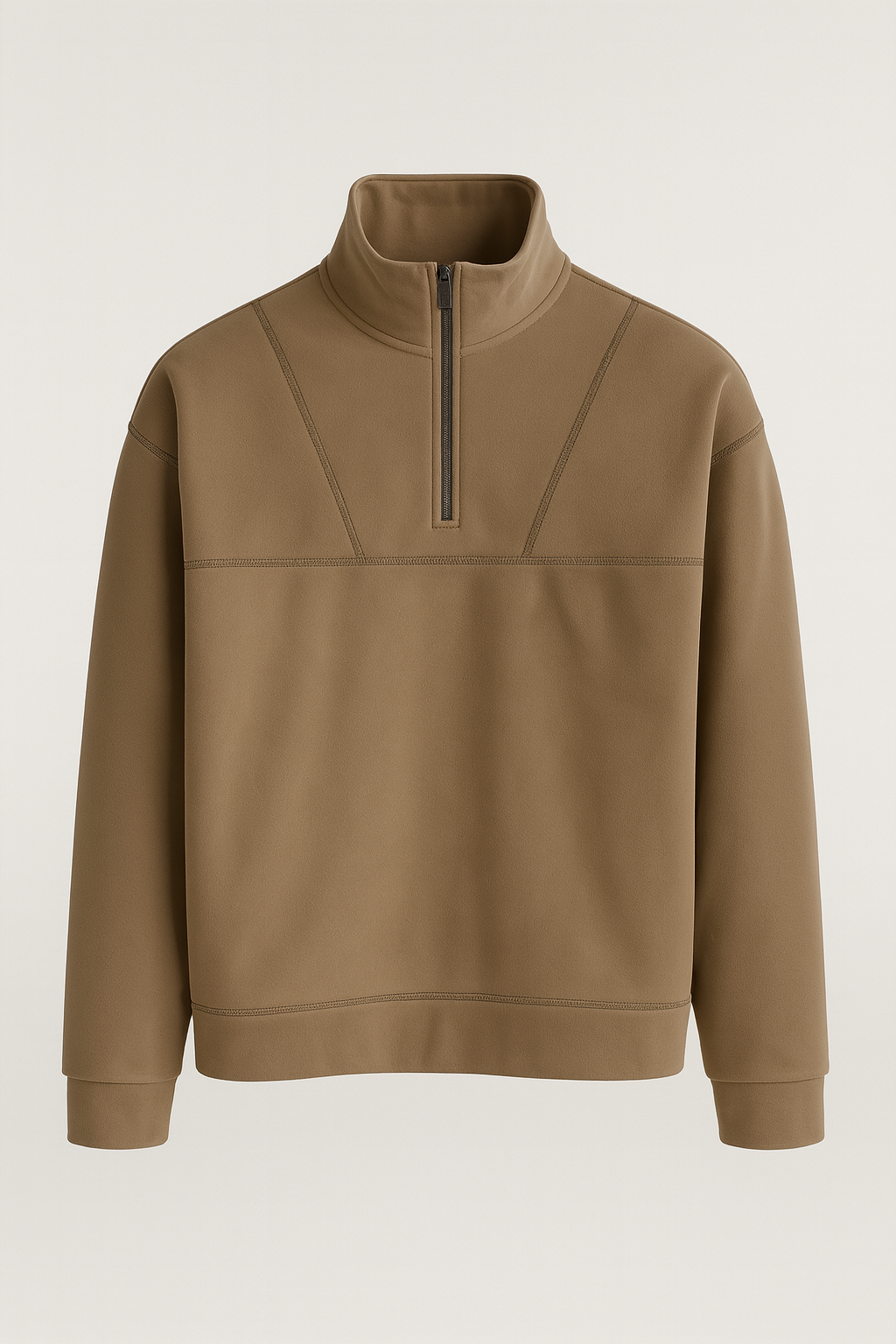 Crowe Çizgi Şeritli Oversize Yarım Fermuar Polar Erkek Sweatshirt - Bej