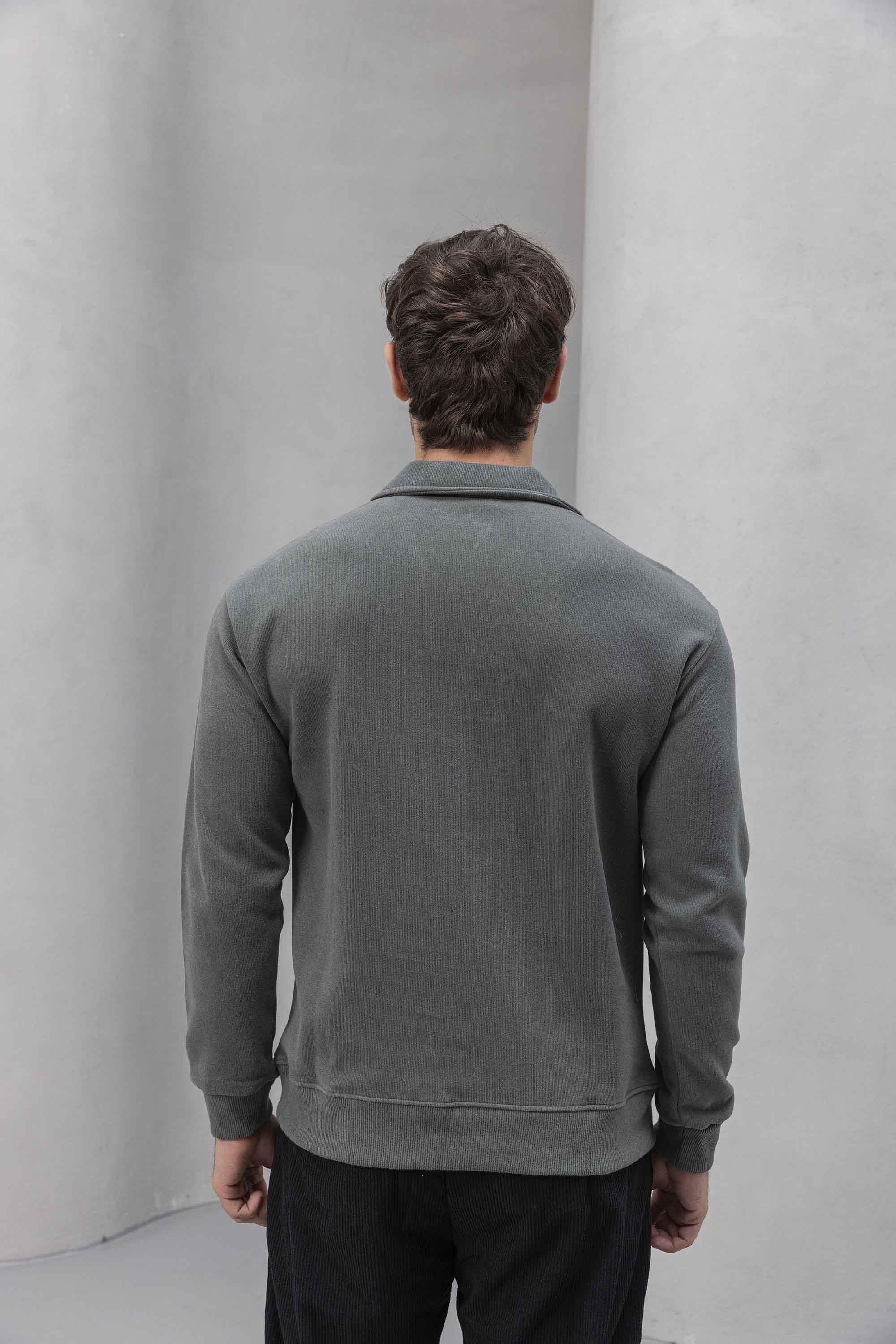 Eric Relax Fit Yarım Fermuarlı Polo Yaka Selanik Kumaş Erkek Sweatshirt - Avcı Yeşili · 8