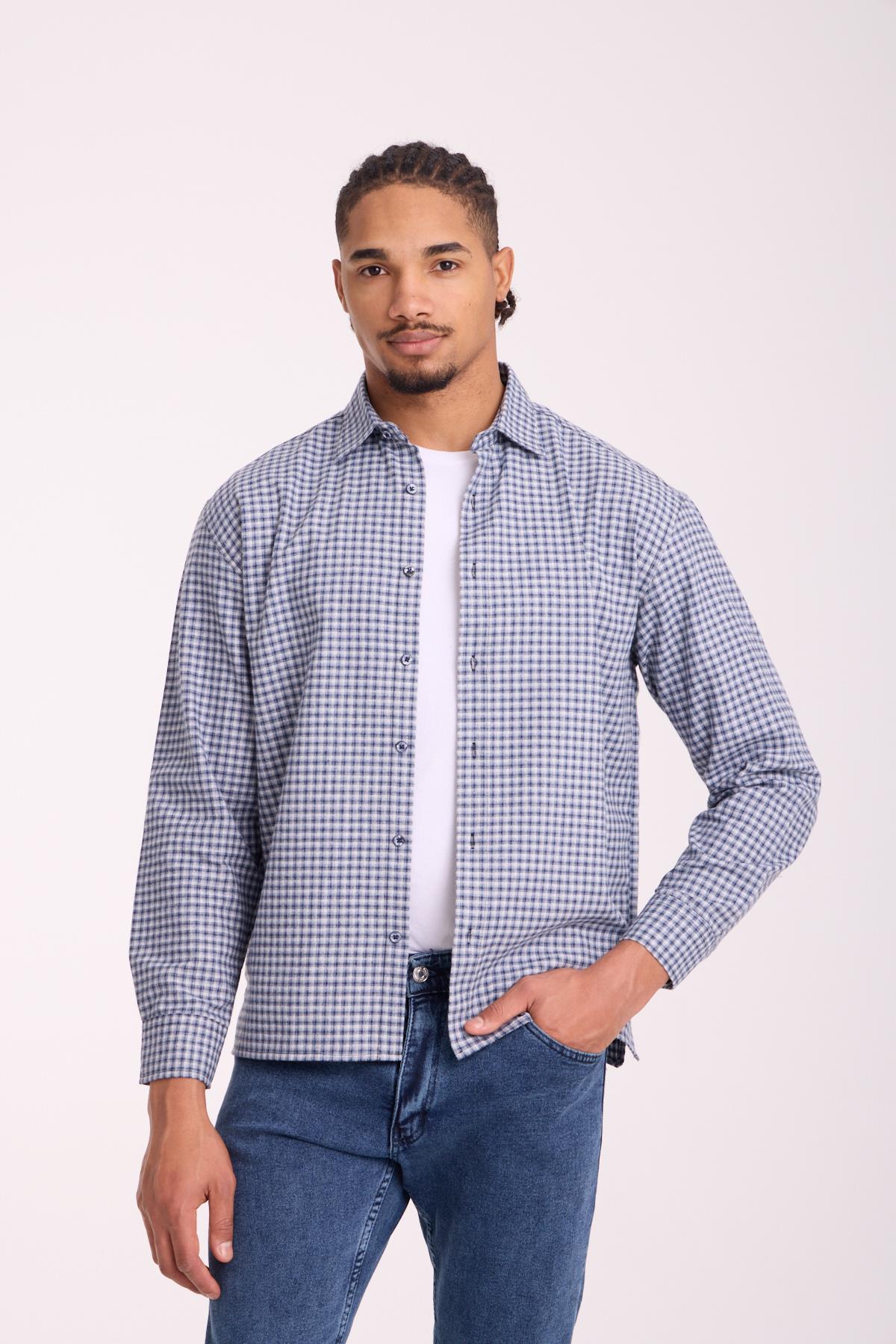 Jonas Ekose Küçük Kareli Relaxed Fit %100 Pamuklu Flanel Kumaş Erkek Gömlek - Taş · 3