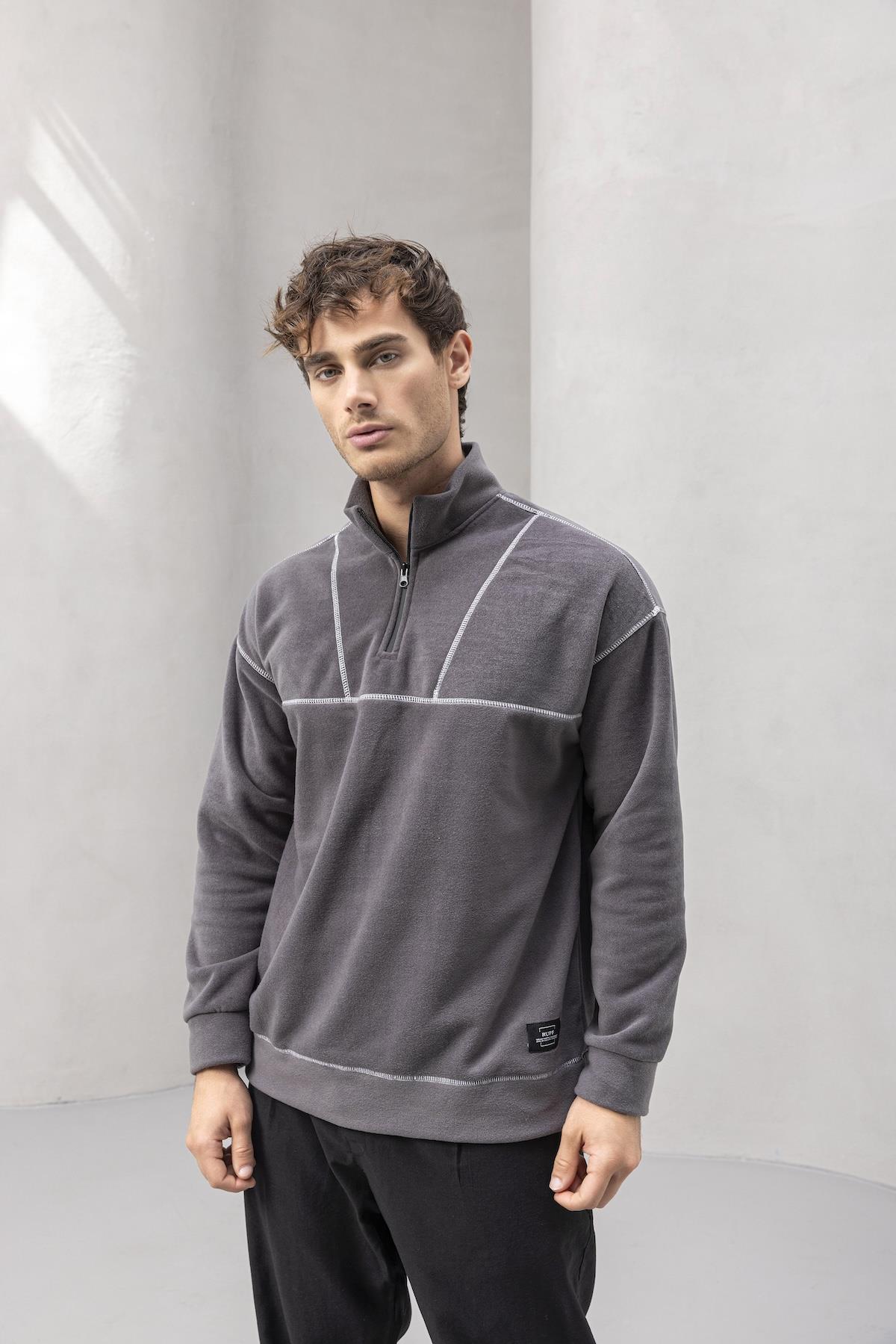 Crowe Çizgi Şeritli Oversize Yarım Fermuar Polar Erkek Sweatshirt - Füme · 2