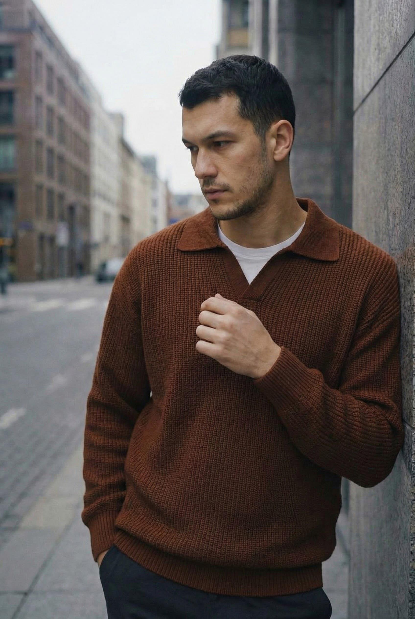 Joris Oversize Gömlek Polo Yaka Selanik Örgülü Erkek Triko Kazak - Kahve · 2