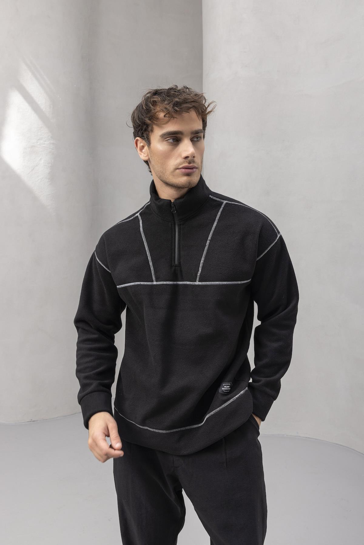 Crowe Çizgi Şeritli Oversize Yarım Fermuar Polar Erkek Sweatshirt - Siyah · 5
