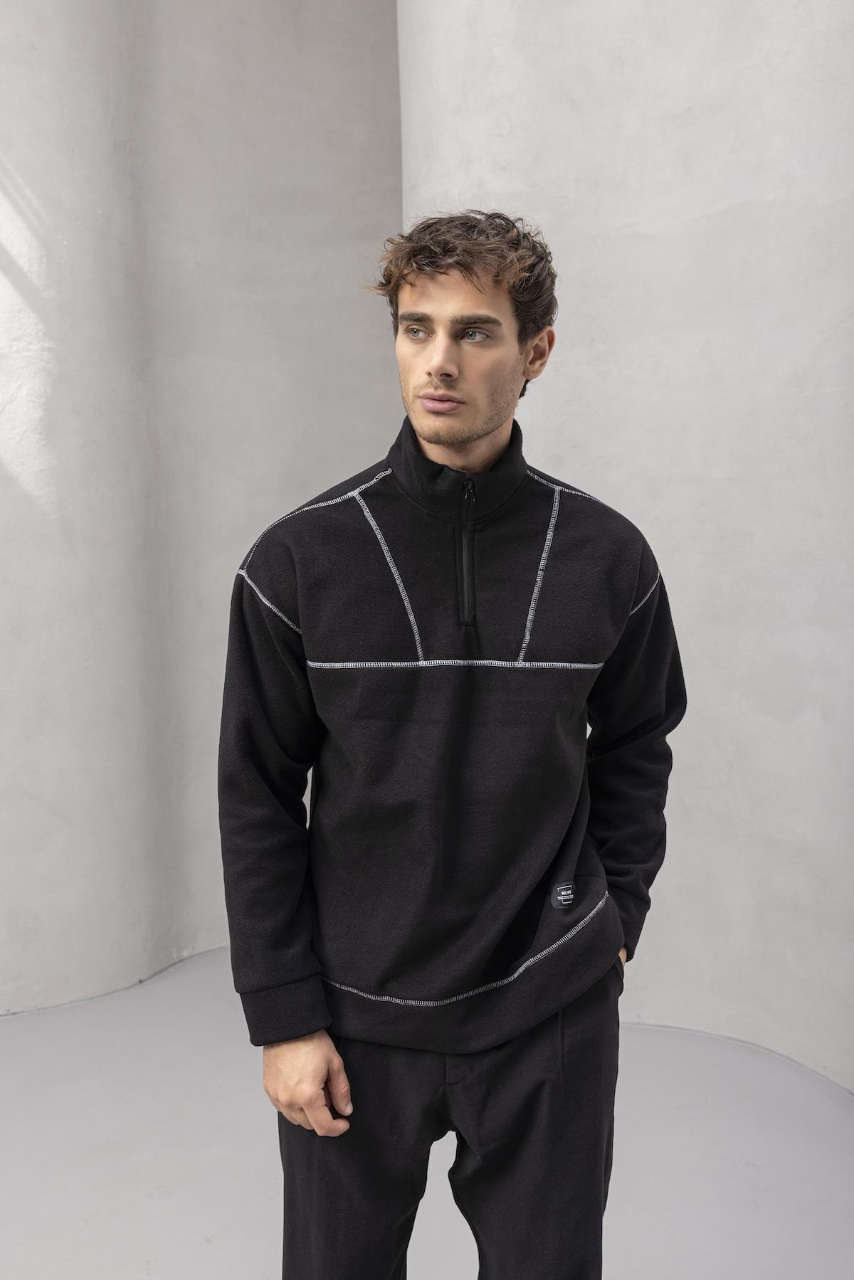 Crowe Çizgi Şeritli Oversize Yarım Fermuar Polar Erkek Sweatshirt - Siyah · 3