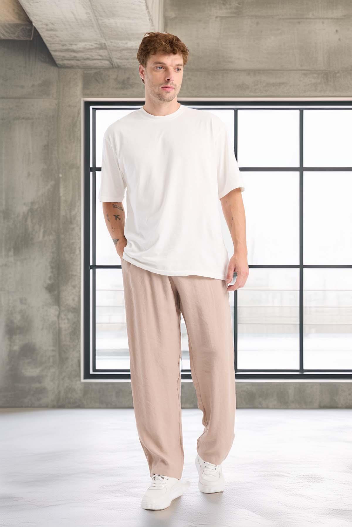 Modal Kumaş Rahat Kalıp Düz Paça Jogger Erkek Pantolon - Bej · 4