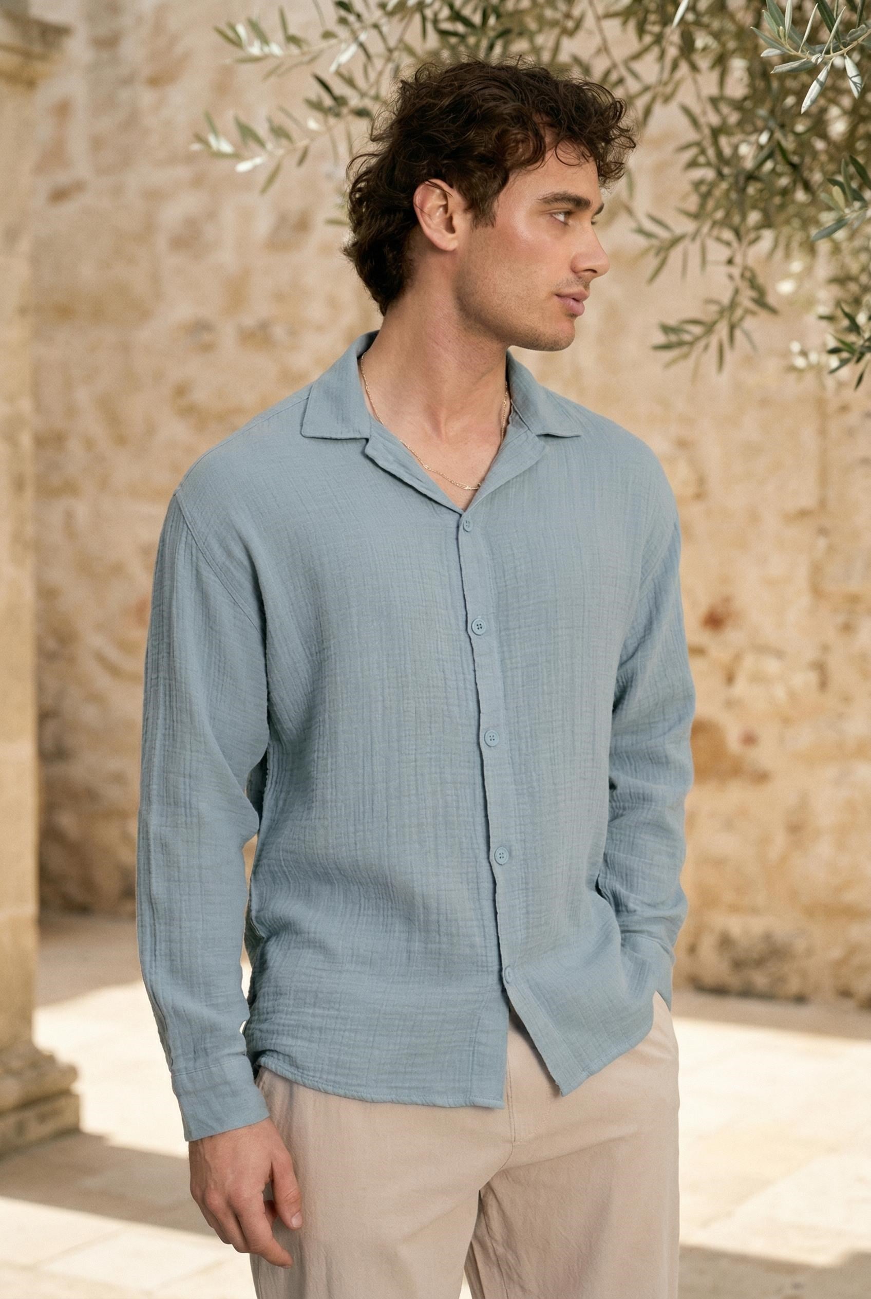 Apaş Yaka Oversize Müslin Kumaş Gömlek - Soğuk Mavi · 4