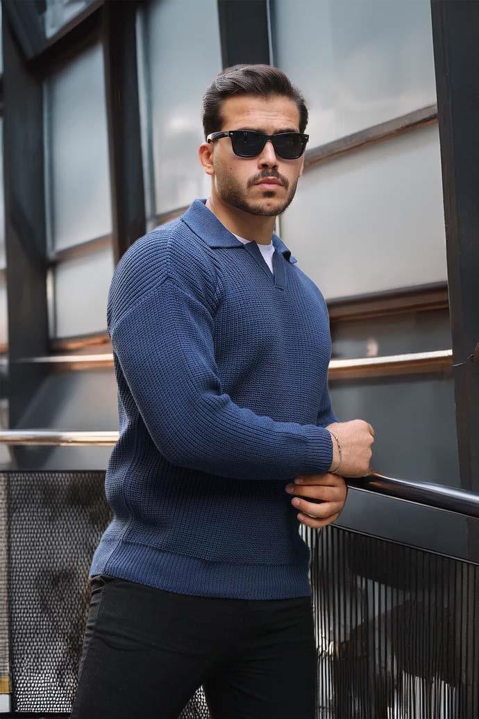 Joris Oversize Gömlek Polo Yaka Selanik Örgülü Erkek Triko Kazak - İndigo · 2