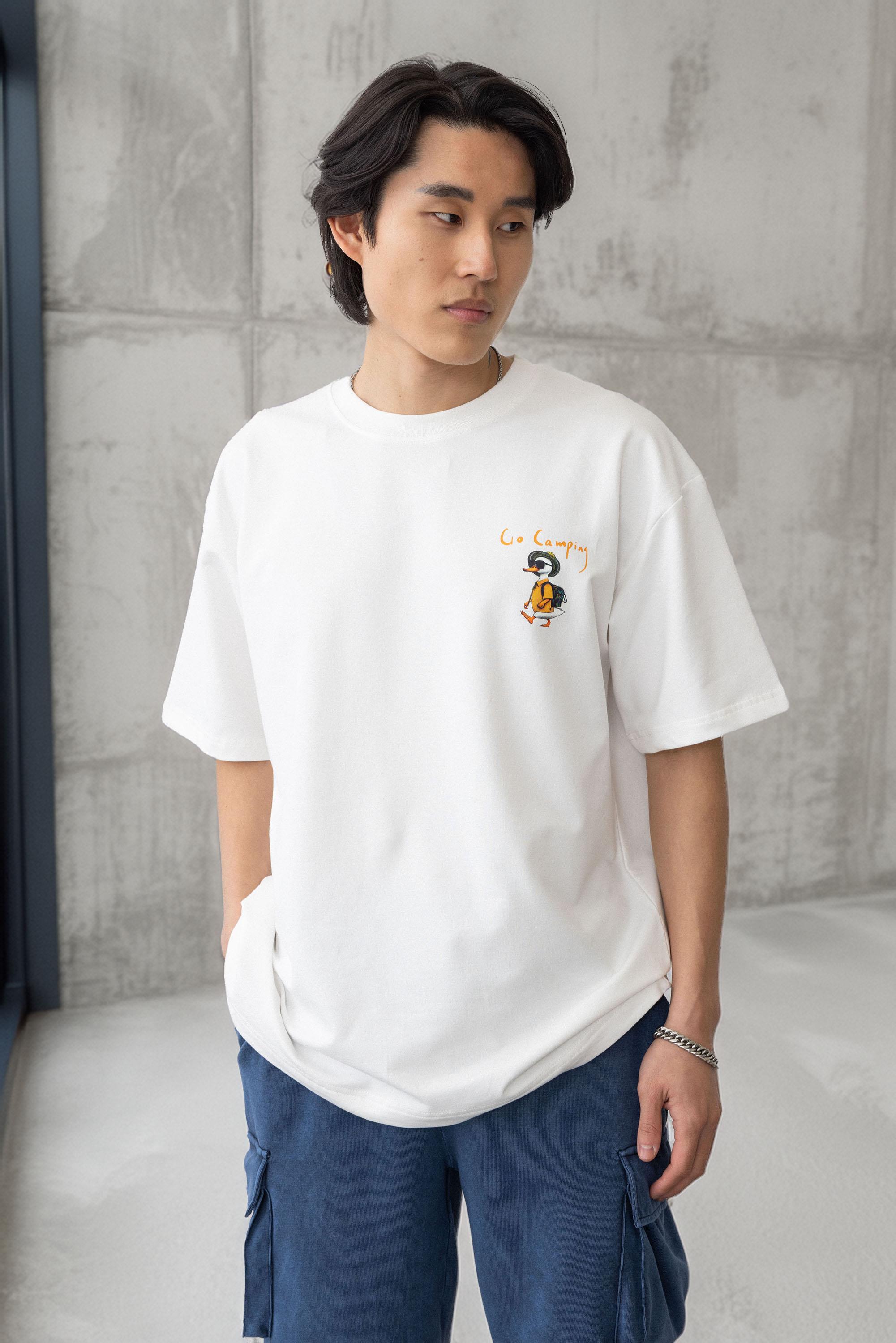 Cep Baskılı İki İplik Kumaş Pamuklu  Oversize Erkek T-Shirt - Ekru