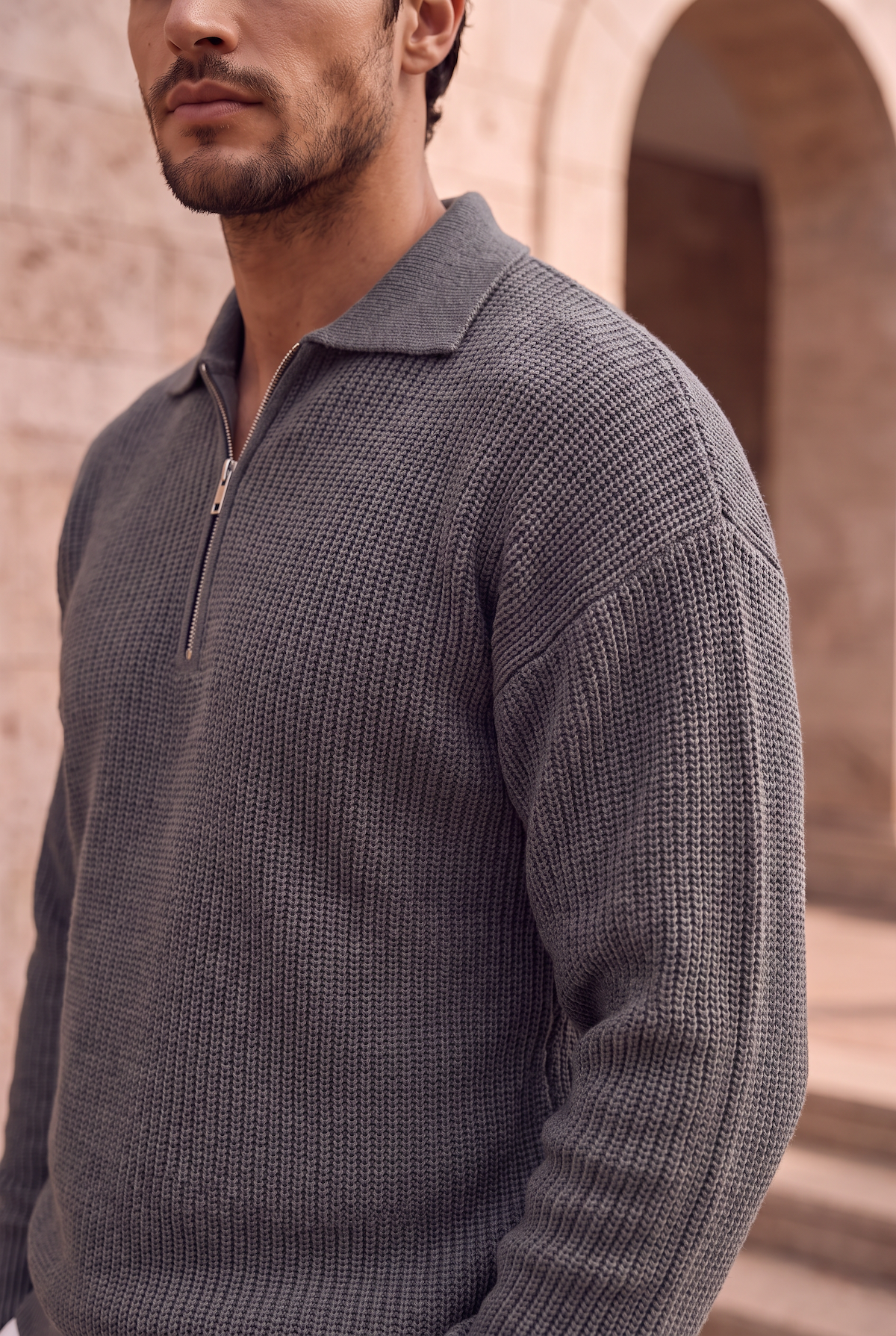 Gibson Oversize Yarım Fermuar Gömlek Polo Yaka Selanik Örme Erkek Triko Kazak - Füme · 7