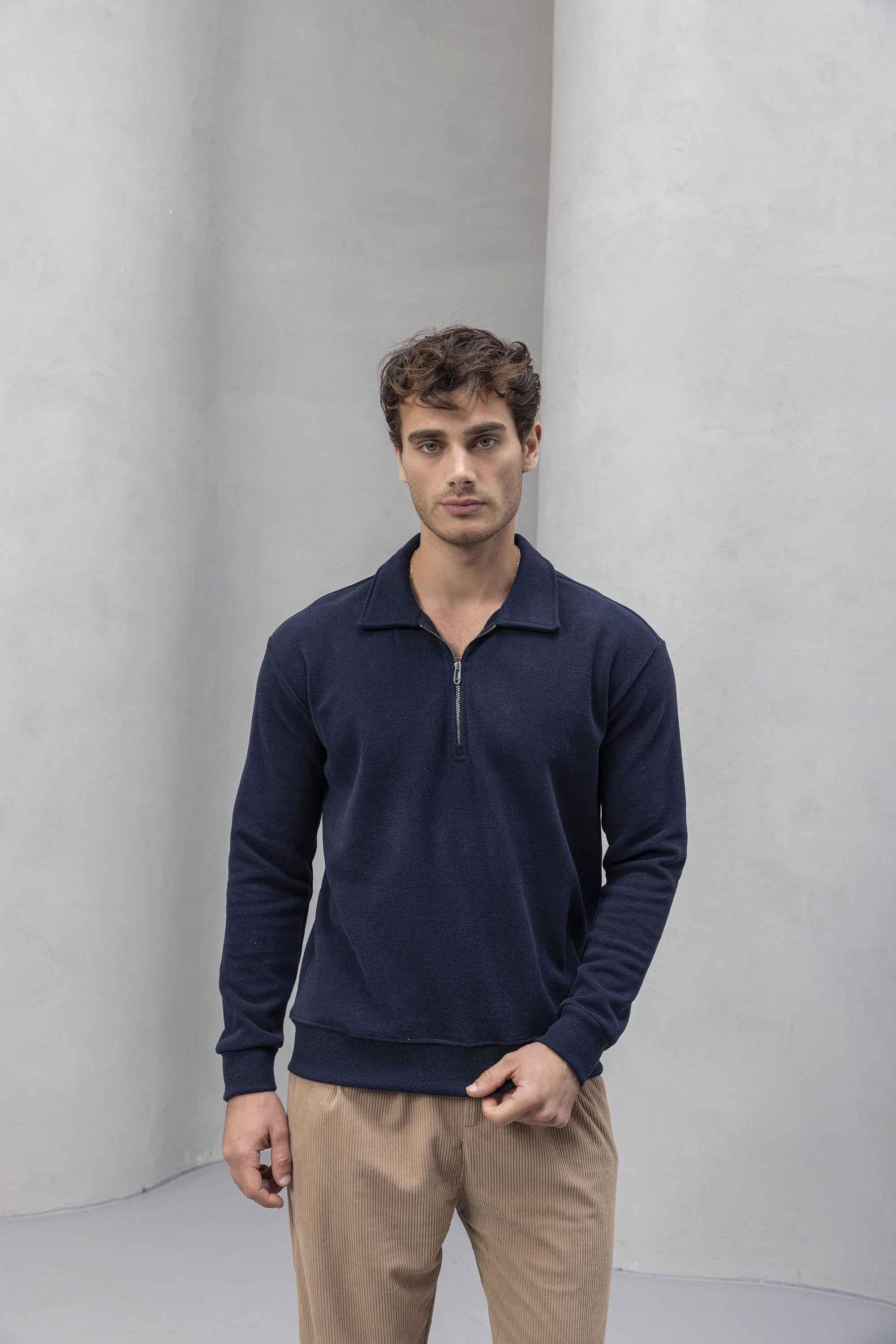 Eric Relax Fit Yarım Fermuarlı Polo Yaka Selanik Kumaş Erkek Sweatshirt - Lacivert · 8