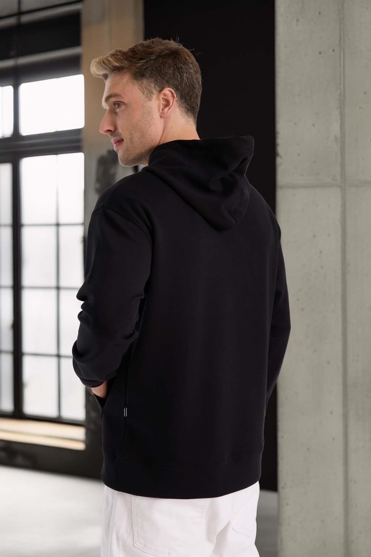 Luc Oversize Basic Dalgıç Kumaş Viskon Kapüşonlu Cepli Sweatshirt Hoodie - Siyah · 5