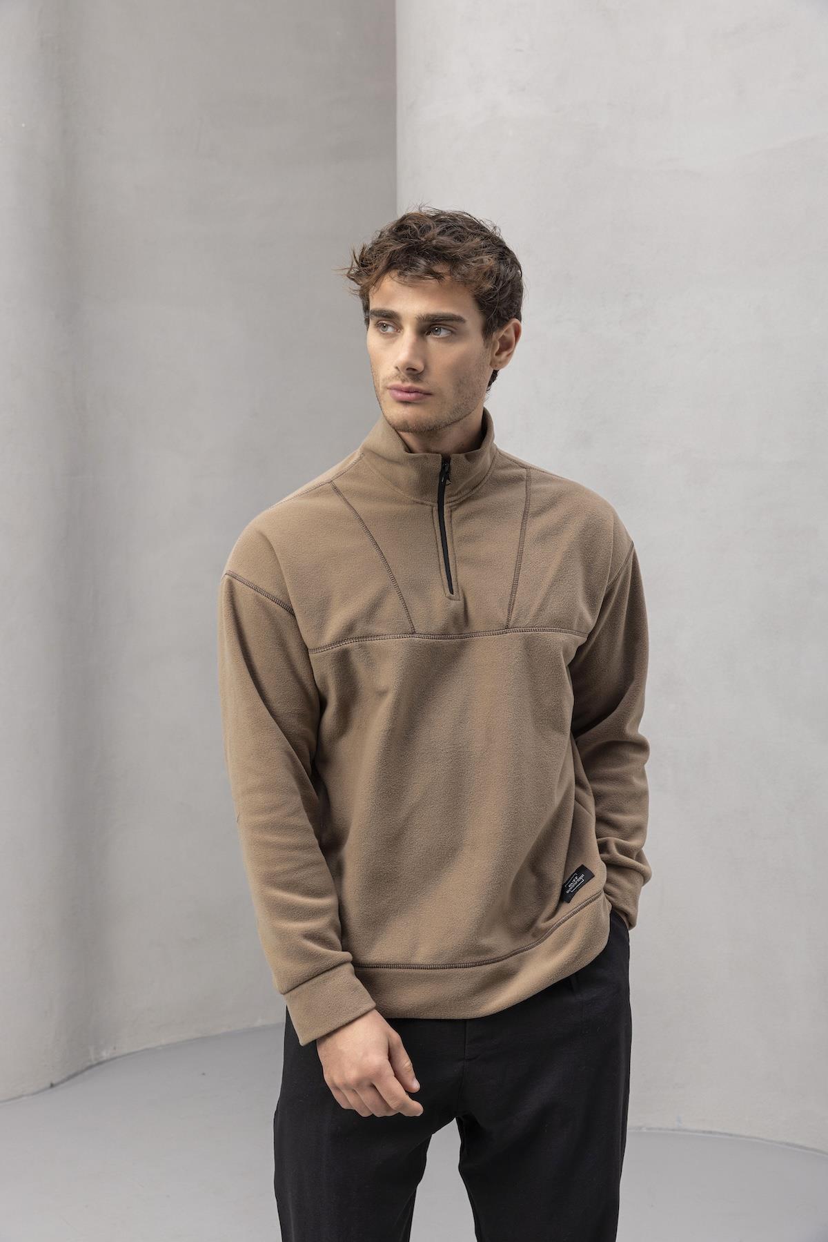Crowe Çizgi Şeritli Oversize Yarım Fermuar Polar Erkek Sweatshirt - Bej · 4