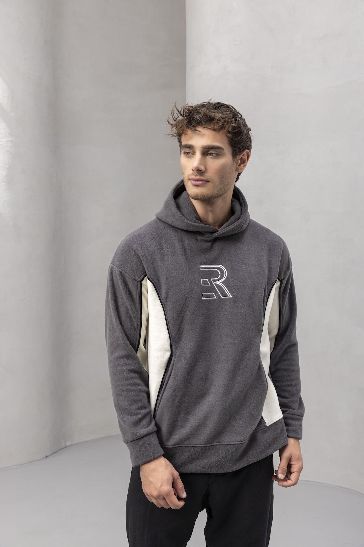 Frank Parçalı Kontrast Desenli Kapüşonlu Oversize Cepli Polar Erkek Sweatshirt - Füme · 6