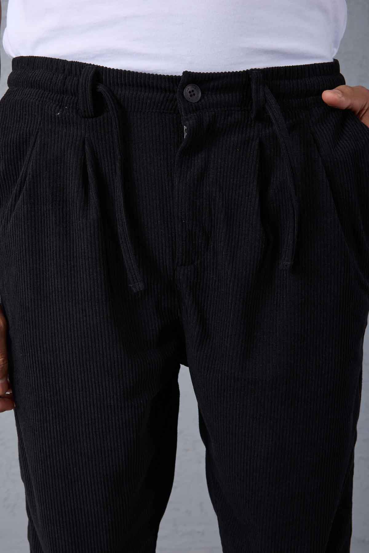 Roy Regular Fit Beli Lastikli Fitilli Kadife Kumaş Fermuarlı Jogger Erkek Pantolon - Siyah · 2