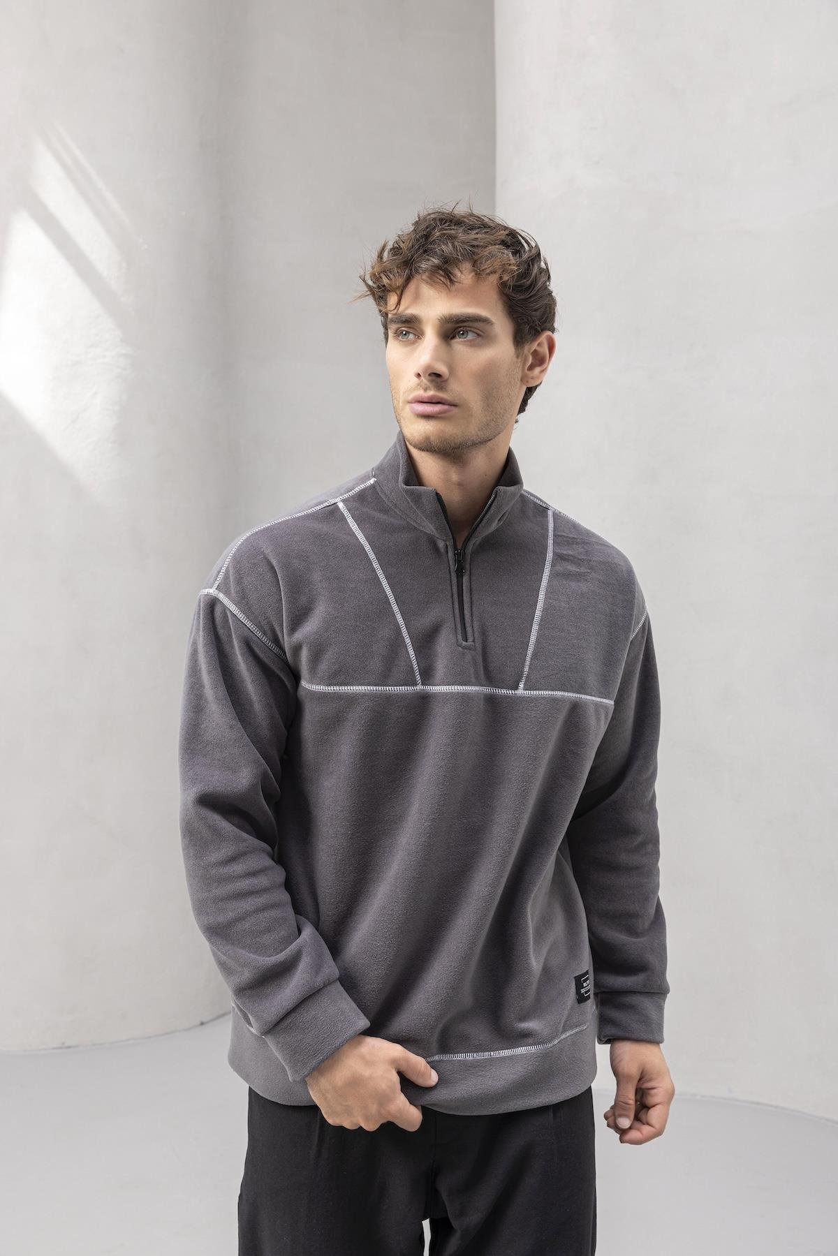 Crowe Çizgi Şeritli Oversize Yarım Fermuar Polar Erkek Sweatshirt - Füme · 6