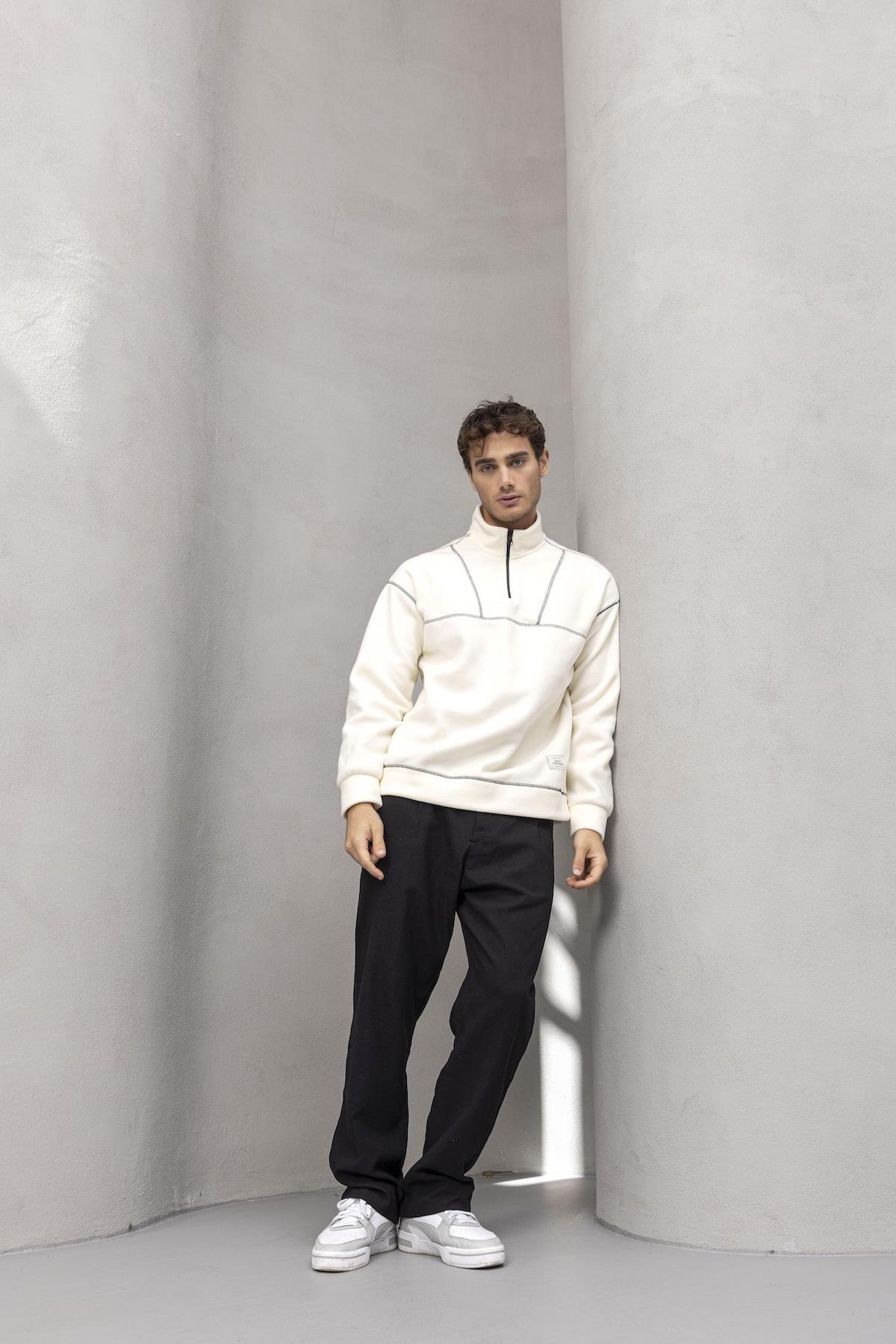 Crowe Çizgi Şeritli Oversize Yarım Fermuar Polar Erkek Sweatshirt - Ekru · 7