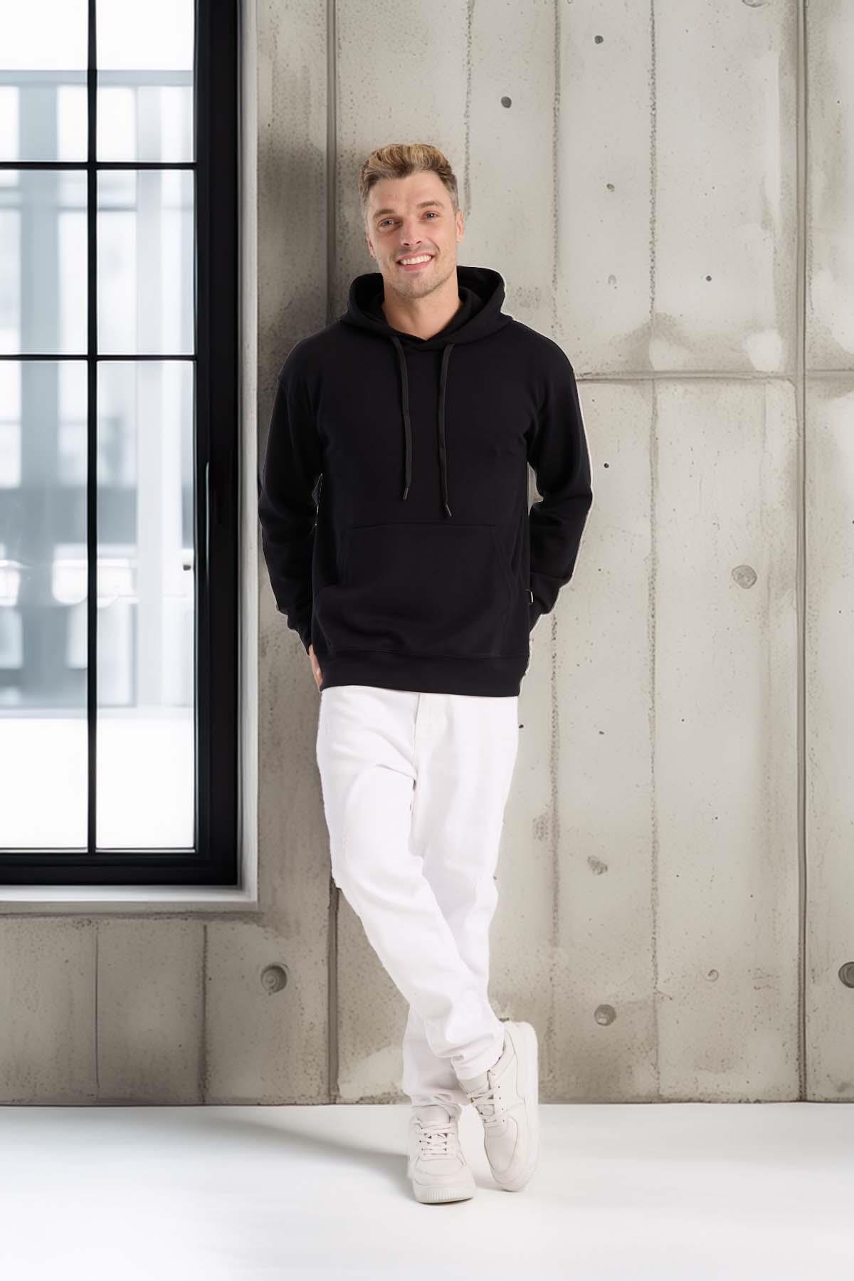 Luc Oversize Basic Dalgıç Kumaş Viskon Kapüşonlu Cepli Sweatshirt Hoodie - Siyah · 7
