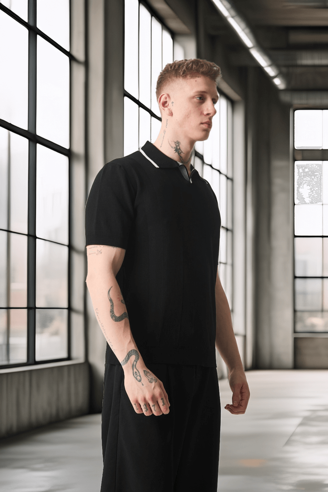 Yakası Şeritli Viskon Polo Yaka Triko Erkek T-Shirt - Siyah · 4