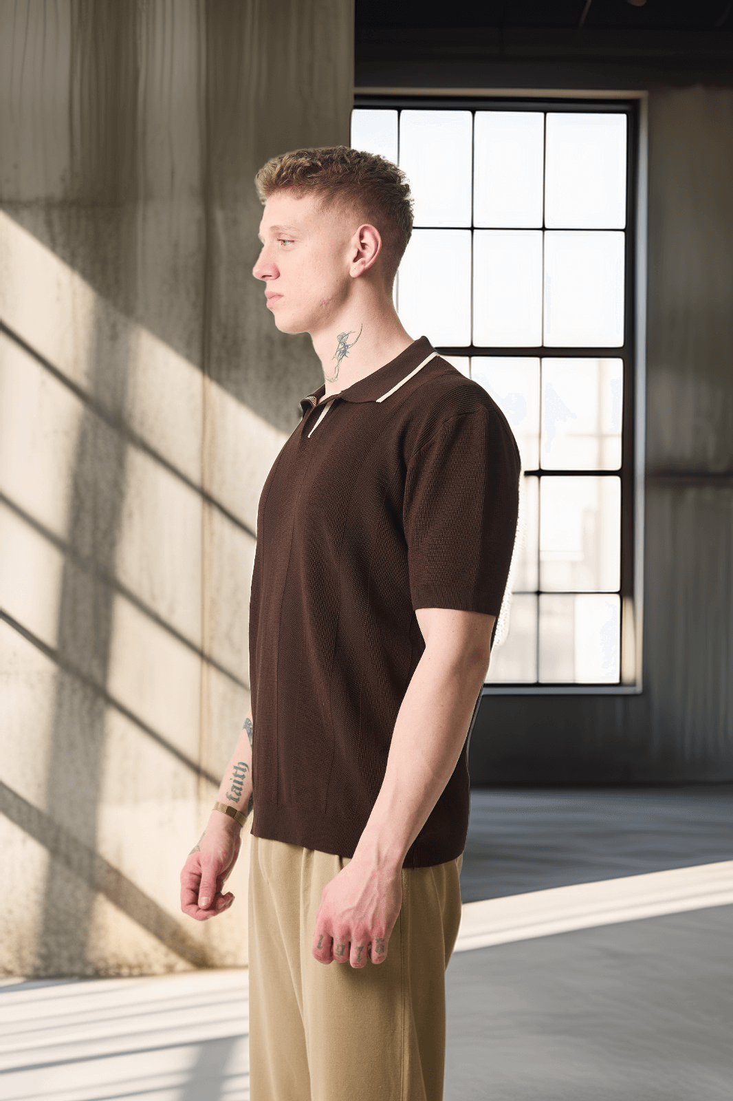 Yakası Şeritli Viskon Polo Yaka Triko Erkek T-Shirt - Kahve · 7