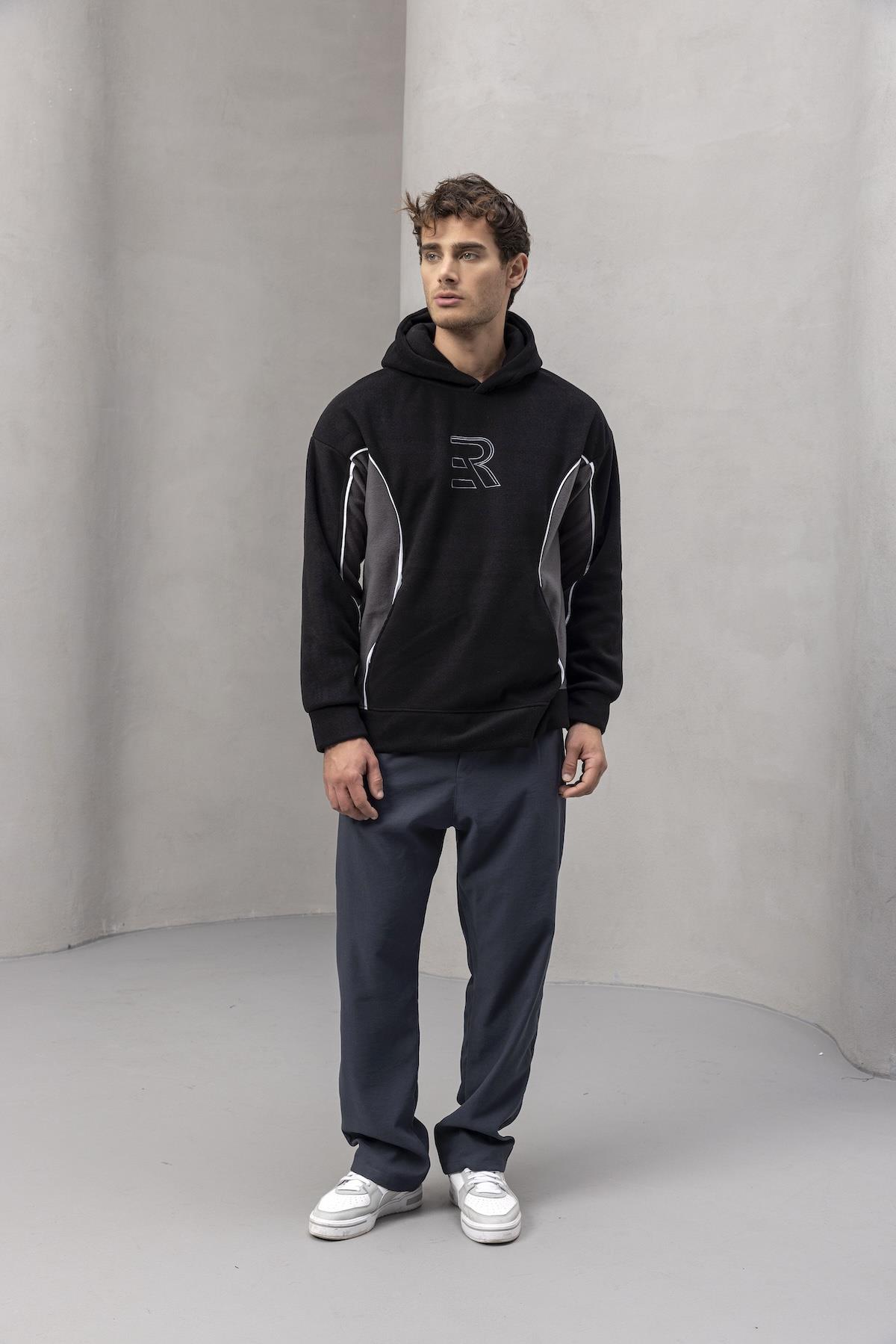 Frank Parçalı Kontrast Desenli Kapüşonlu Oversize Cepli Polar Erkek Sweatshirt - Siyah · 4
