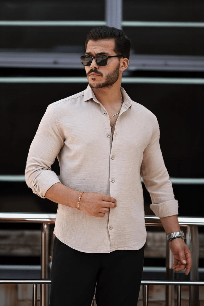 Nefes Alabilir Yarım Oversize Müslin Kumaş Uzun Kol Yakalı Erkek Gömlek - Bej · 3
