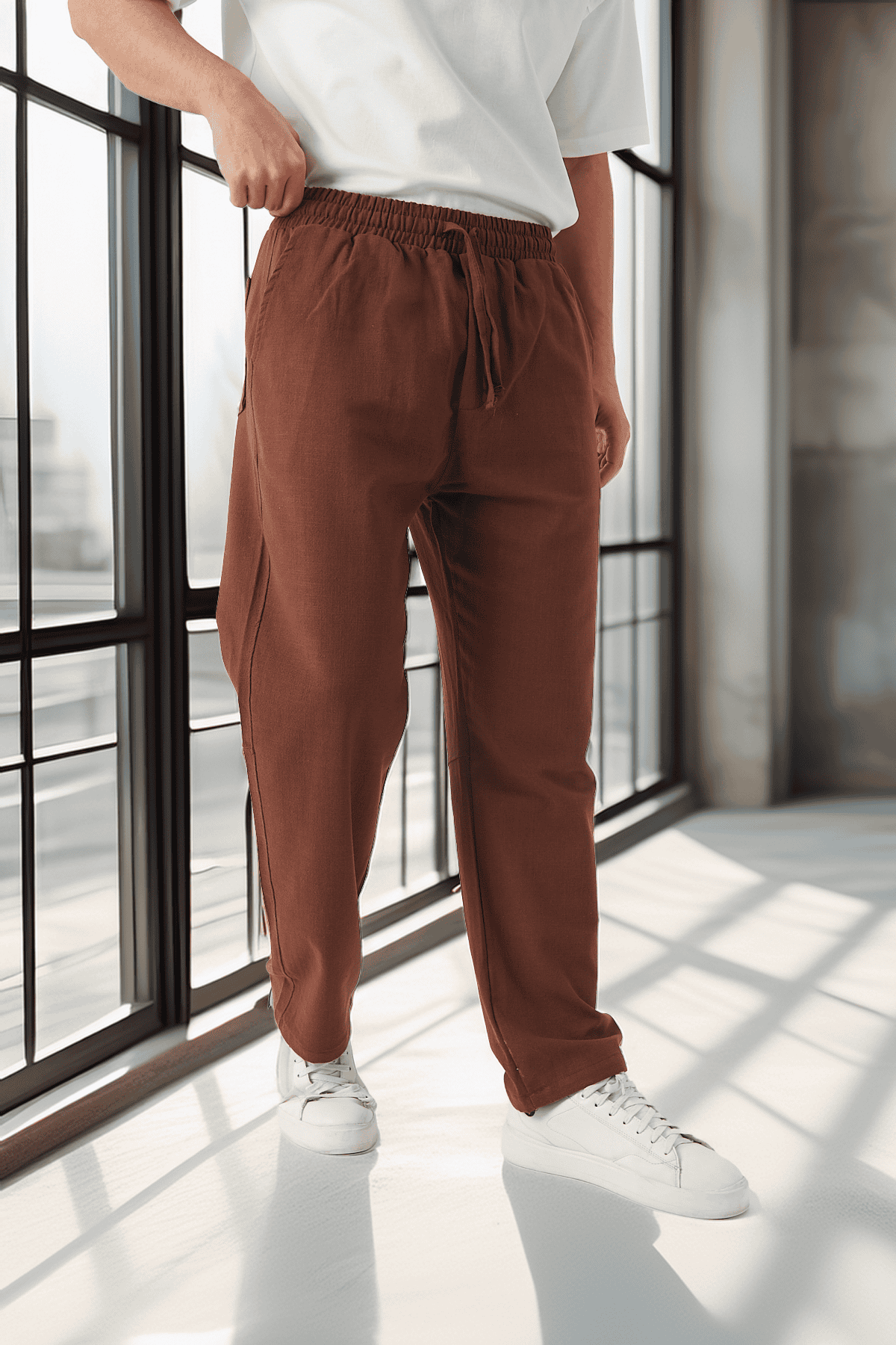 Hafif ve Nefes Alabilir Pamuklu Rahat Kalıp Baggy Erkek Pantolon - Kahve · 3