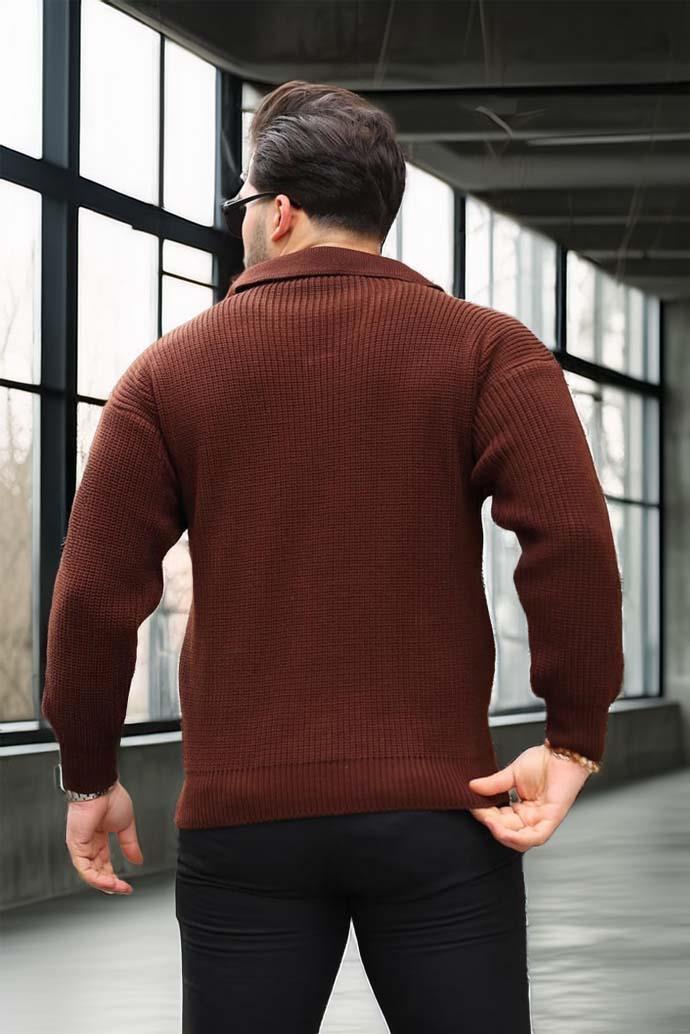 Joris Oversize Gömlek Polo Yaka Selanik Örgülü Erkek Triko Kazak - Kahve · 7