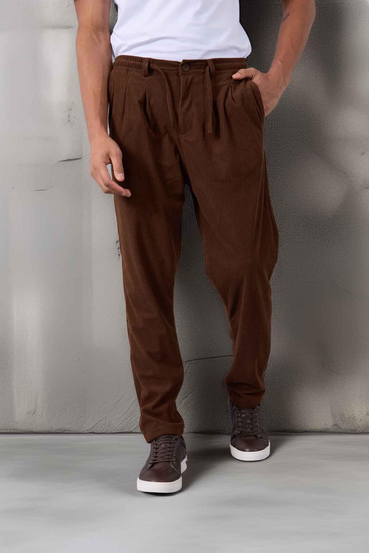 Roy Regular Fit Beli Lastikli Fitilli Kadife Kumaş Fermuarlı Jogger Erkek Pantolon - Kahve