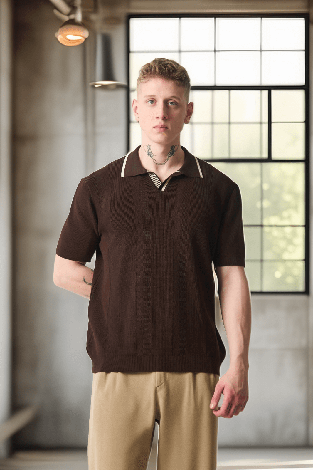 Yakası Şeritli Viskon Polo Yaka Triko Erkek T-Shirt - Kahve · 6