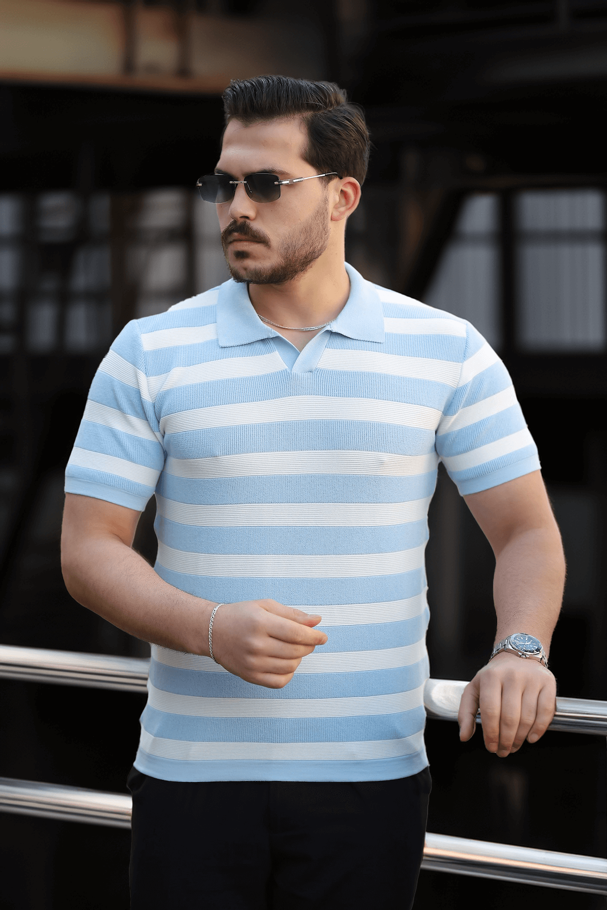 Premium Yan Çizgili Viskon Polo Yaka Triko Erkek T-Shirt - Mavi