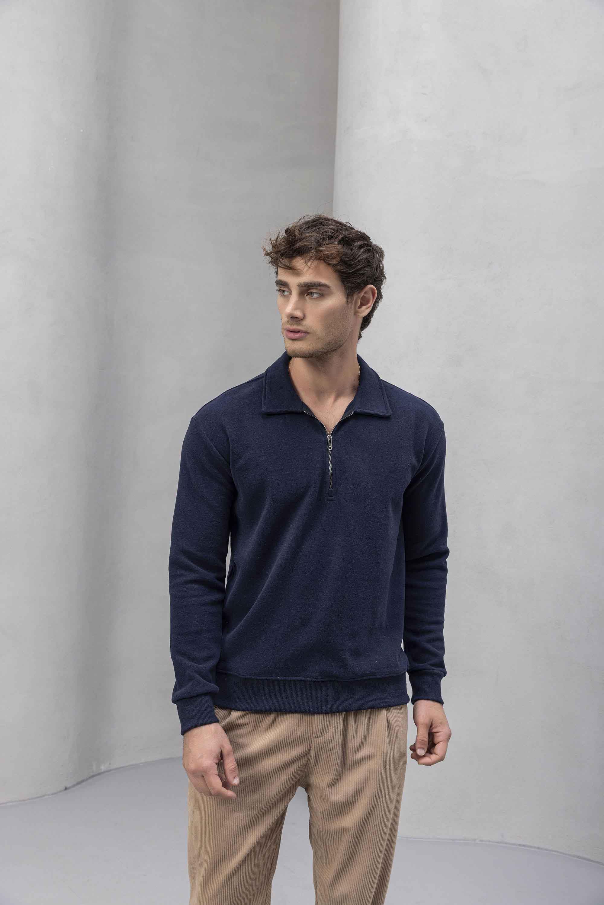 Eric Relax Fit Yarım Fermuarlı Polo Yaka Selanik Kumaş Erkek Sweatshirt - Lacivert · 5