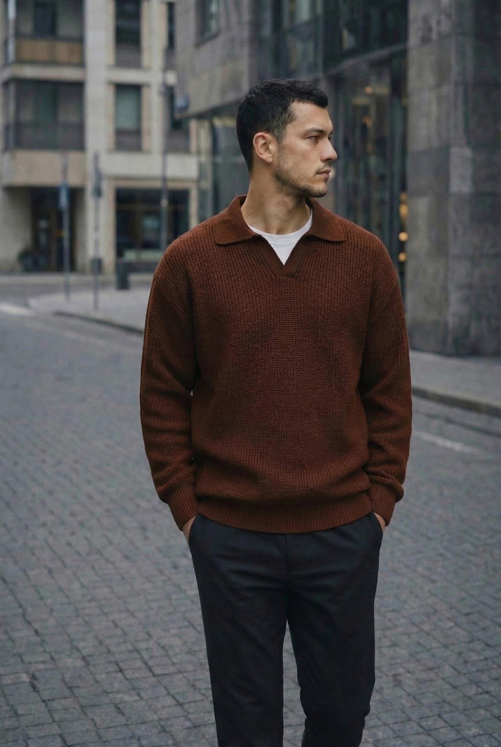 Joris Oversize Gömlek Polo Yaka Selanik Örgülü Erkek Triko Kazak - Kahve · 3